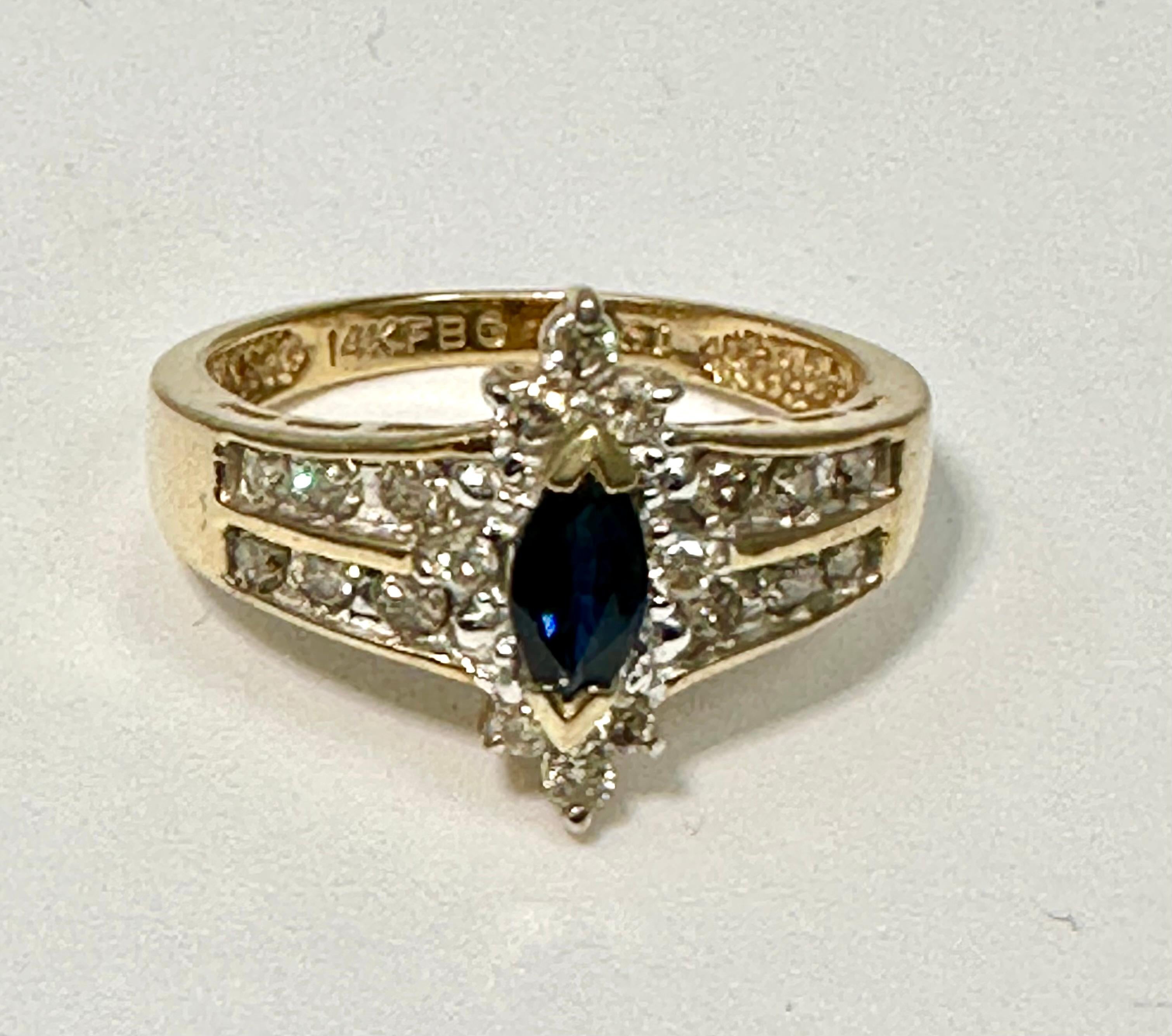 Marquise Cut 14k Yellow Gold  3mm x 5mm Marquise Sapphire with 20 Diamonds Ring  Sz 7 1/2 For Sale