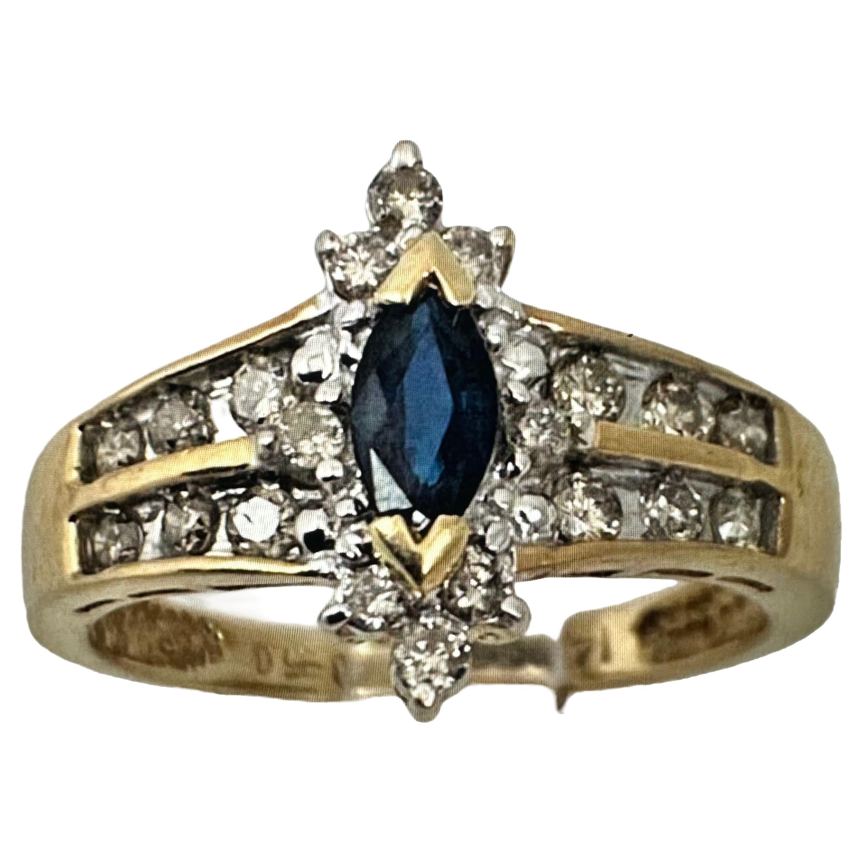 14k Yellow Gold  3mm x 5mm Marquise Sapphire with 20 Diamonds Ring  Sz 7 1/2 For Sale