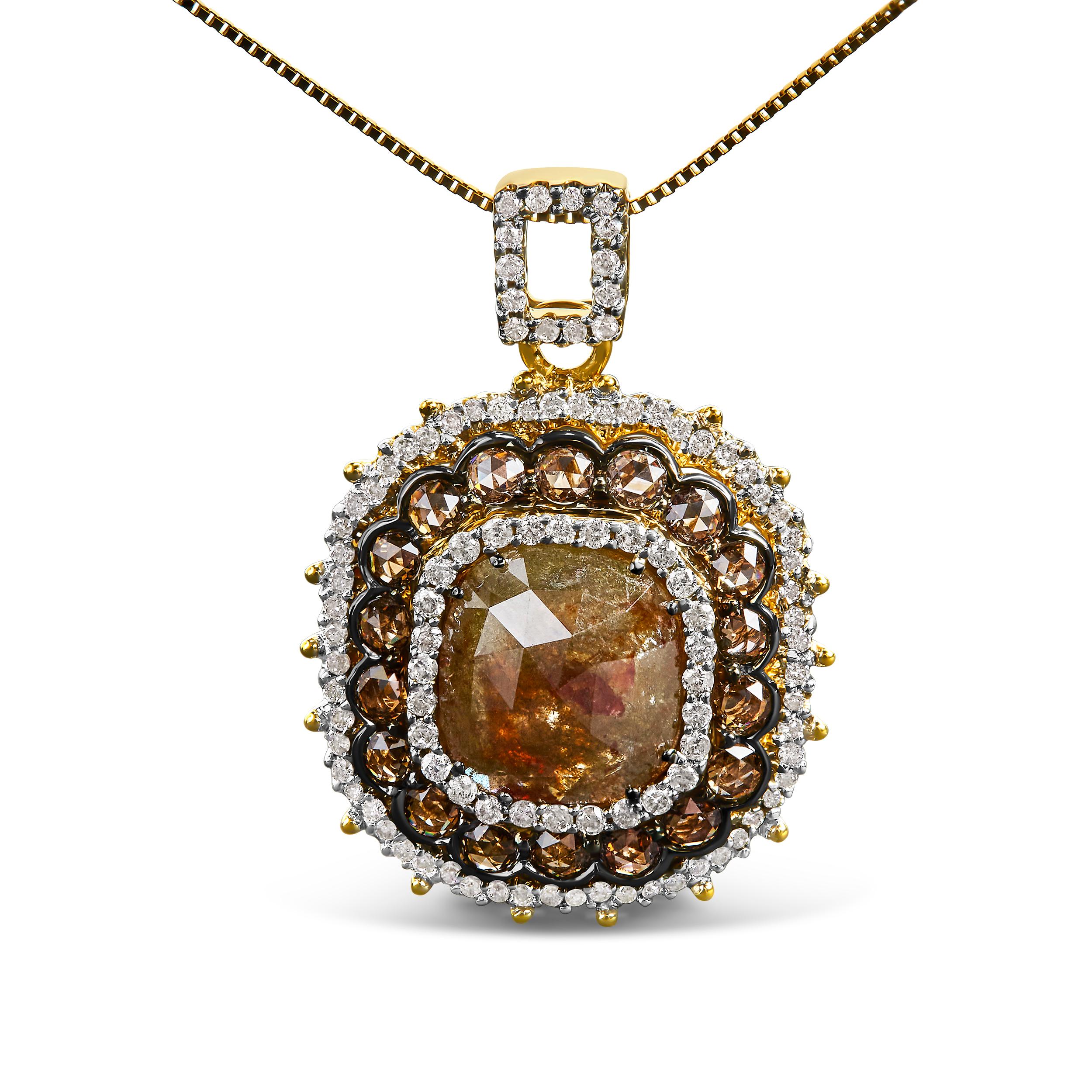 Introducing an exquisite masterpiece that will captivate your heart and elevate your style. This 14K Yellow Gold Pendant Necklace boasts a magnificent 4 1/5 Cttw Fancy Color Rose Cut Diamond Cushion Shaped Triple Halo design. With its 121 dazzling