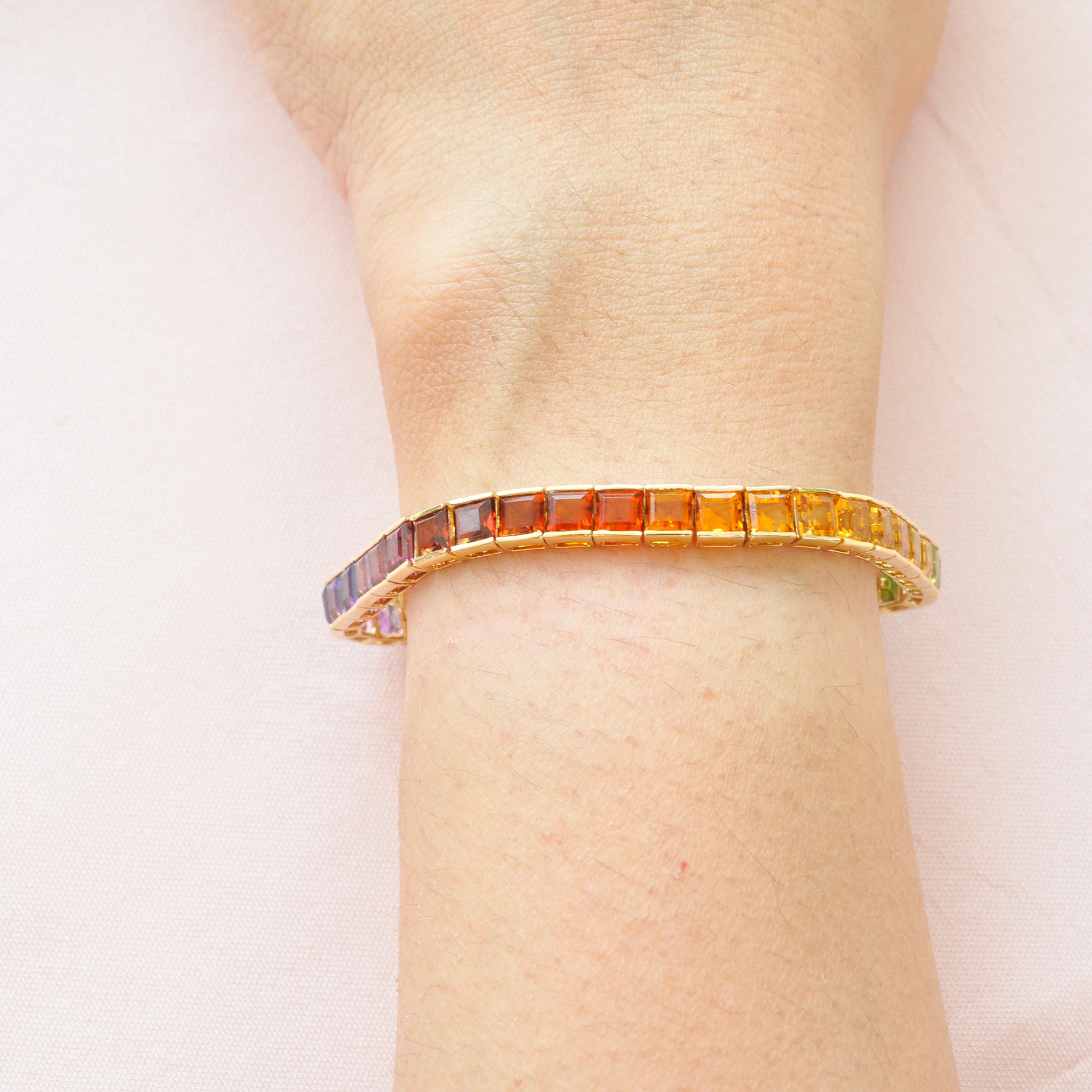 Oro giallo 14K 4 MM Gemme Arcobaleno Taglio Quadrato Bracciale Tennis Line Pride in vendita 7