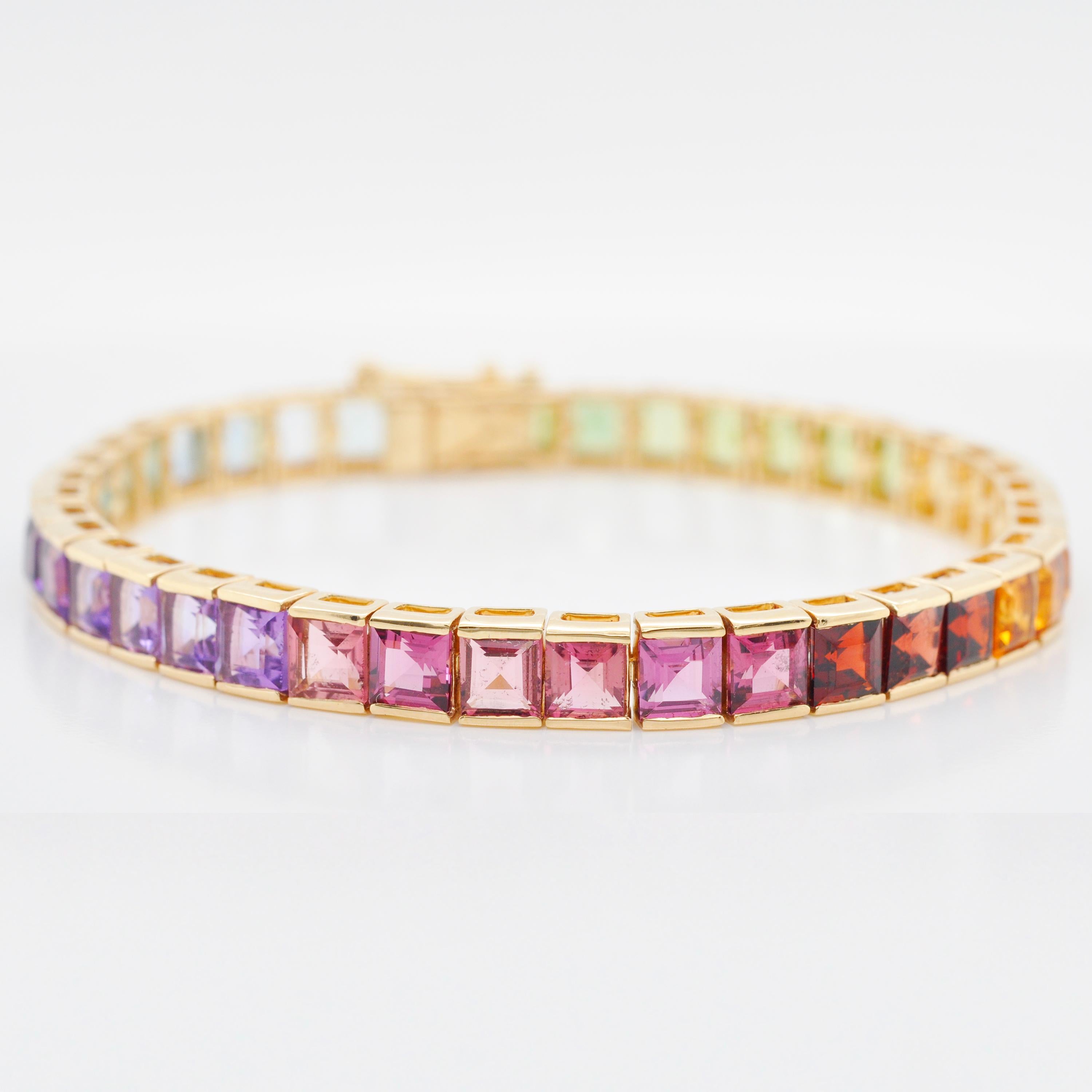 Oro giallo 14K 4 MM Gemme Arcobaleno Taglio Quadrato Bracciale Tennis Line Pride in vendita 12
