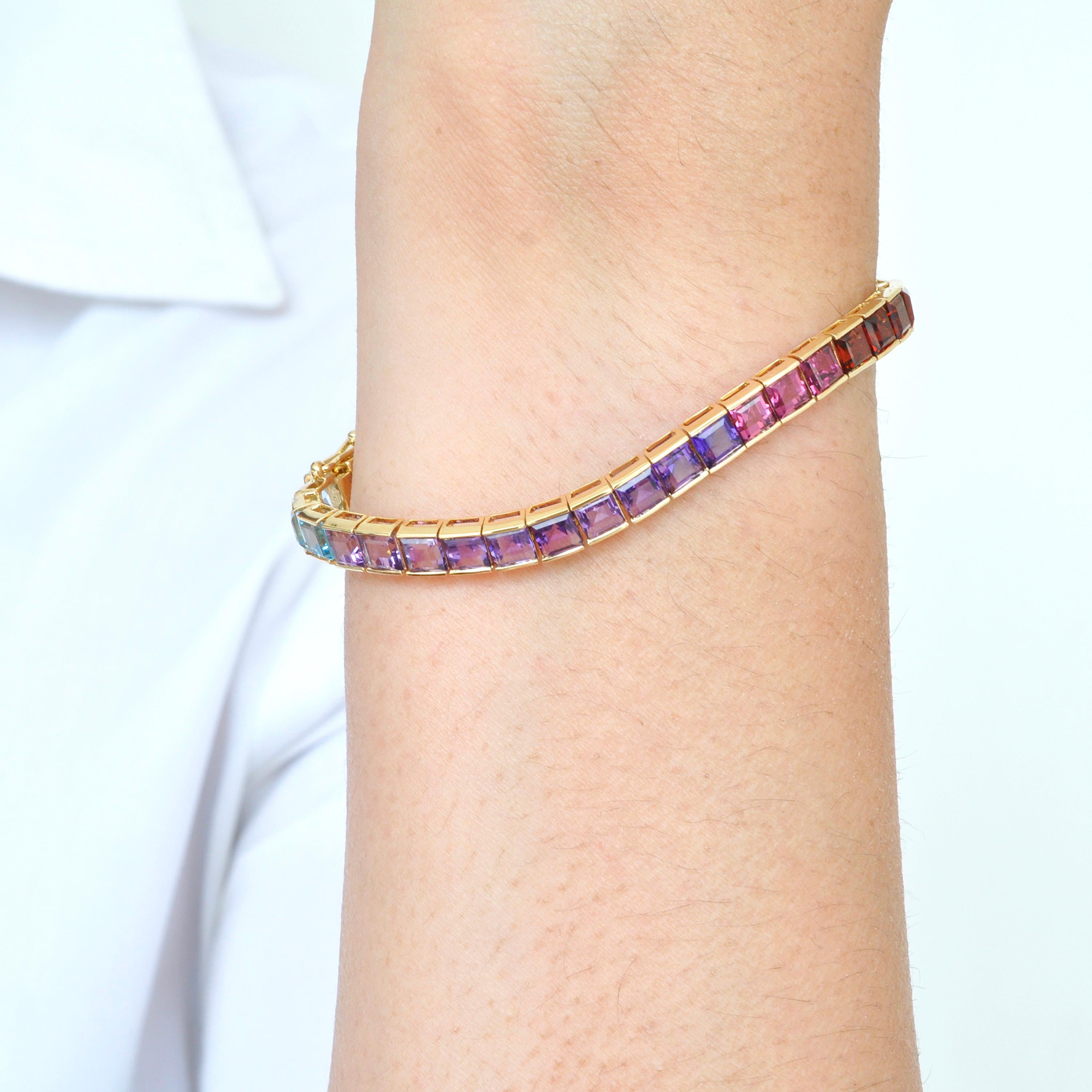 Oro giallo 14K 4 MM Gemme Arcobaleno Taglio Quadrato Bracciale Tennis Line Pride in vendita 14