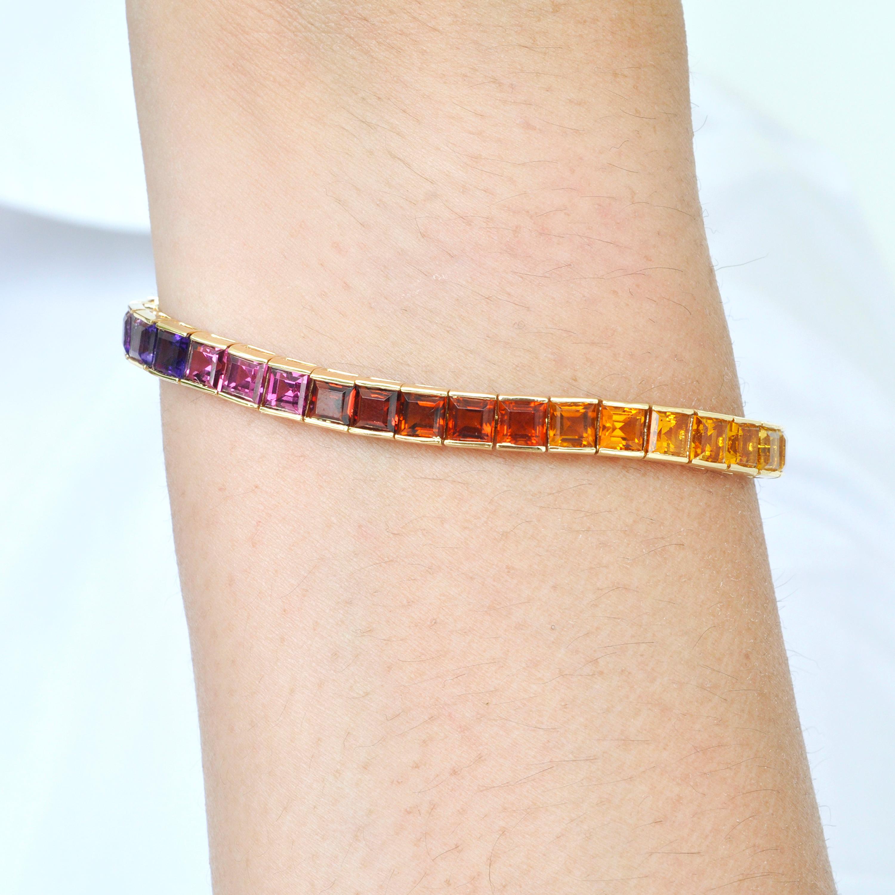 Oro giallo 14K 4 MM Gemme Arcobaleno Taglio Quadrato Bracciale Tennis Line Pride in vendita 15