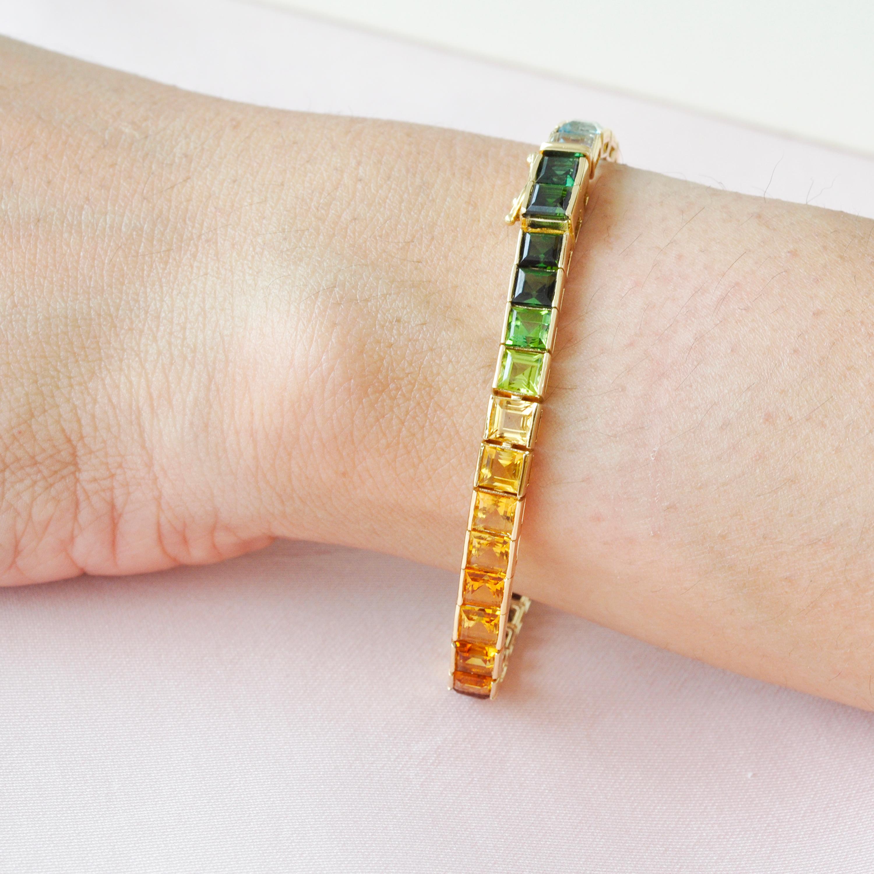 Contemporaneo Oro giallo 14K 4 MM Gemme Arcobaleno Taglio Quadrato Bracciale Tennis Line Pride in vendita
