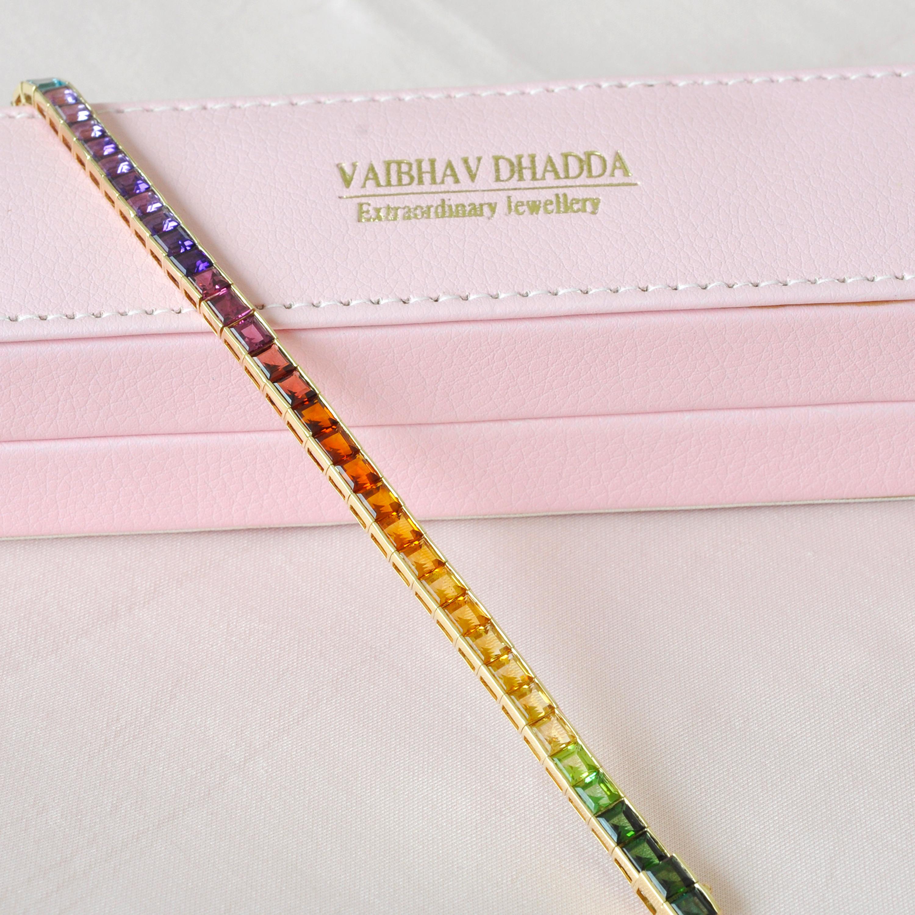 da uomo o donna Oro giallo 14K 4 MM Gemme Arcobaleno Taglio Quadrato Bracciale Tennis Line Pride in vendita
