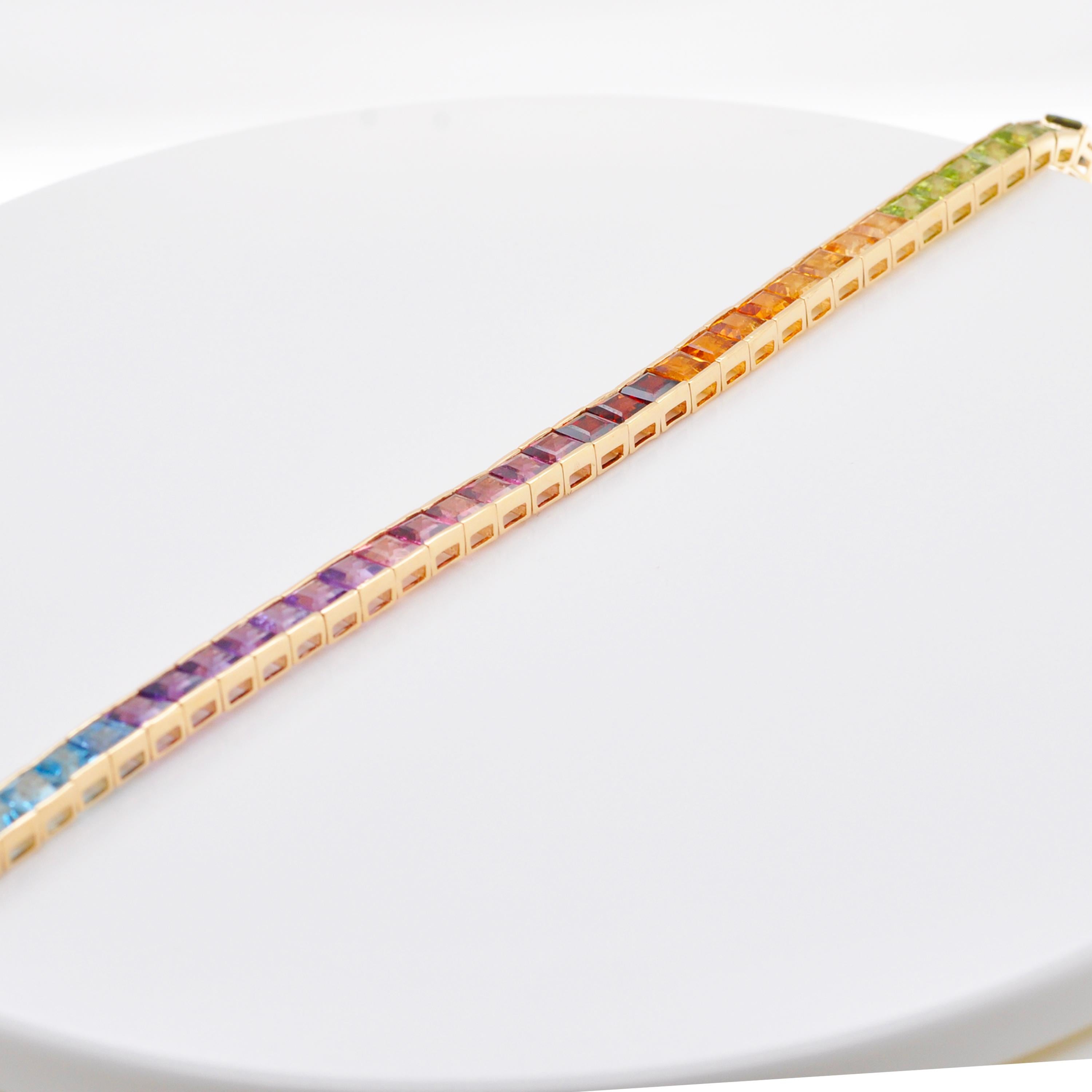 Oro giallo 14K 4 MM Gemme Arcobaleno Taglio Quadrato Bracciale Tennis Line Pride in vendita 2