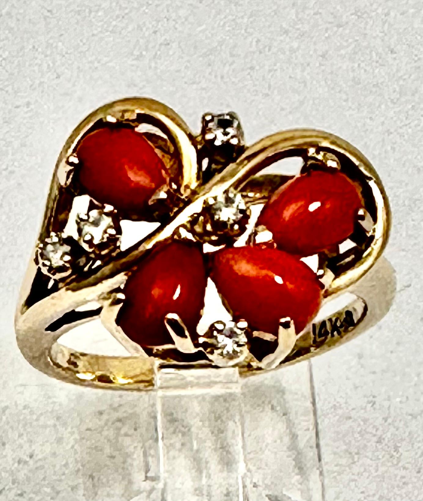 Artisan 14k Yellow Gold  4 Pear Shaped Coral and Diamonds  Ring Size 6 1/4 For Sale
