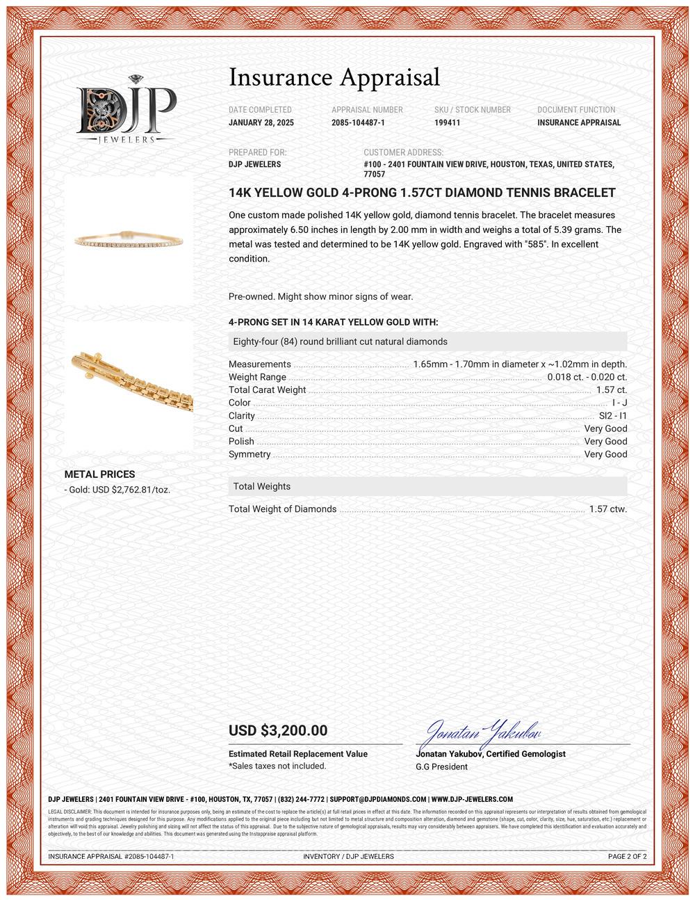 14K Gelbgold 4-Zinken 1,57 Karat Diamant-Tennisarmband im Angebot 1