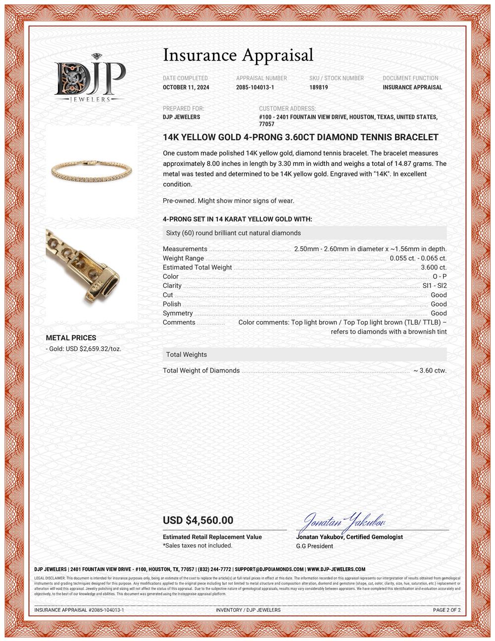 14K Yellow Gold 4-Prong 3.60ct Diamond Tennis Bracelet 2