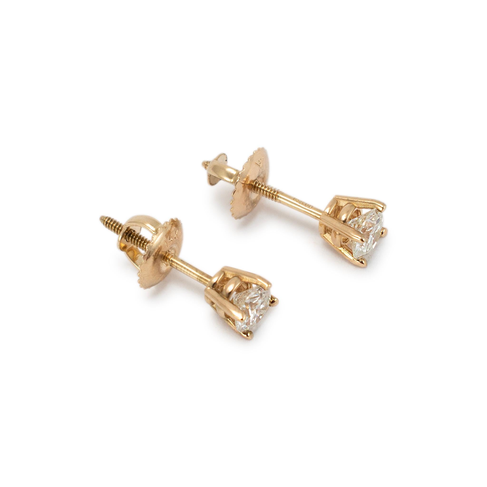 Round Cut 14K Yellow Gold 4 Prong Screw Backs Diamond Stud Earrings For Sale