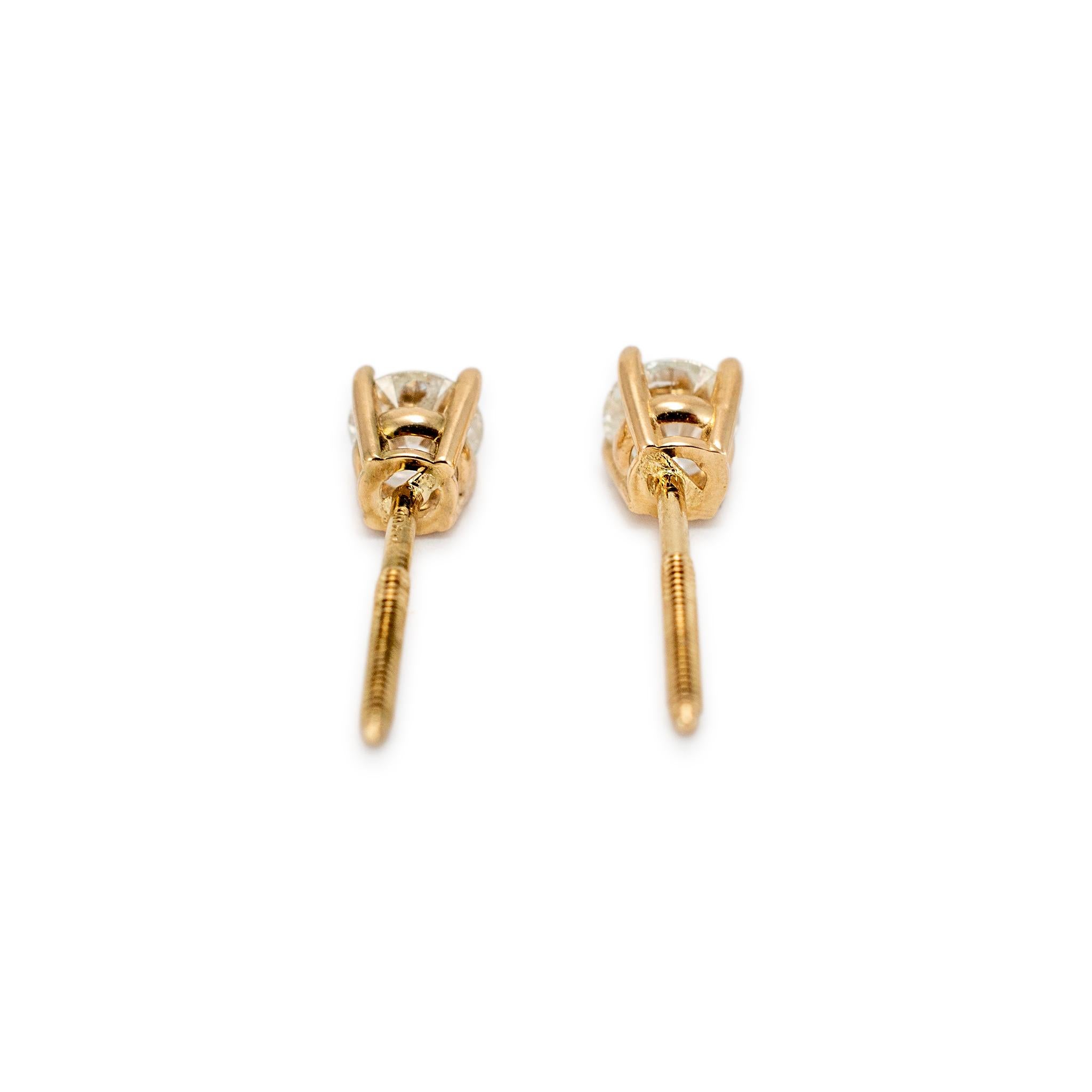 14K Yellow Gold 4 Prong Screw Backs Diamond Stud Earrings In Excellent Condition For Sale In Houston, TX