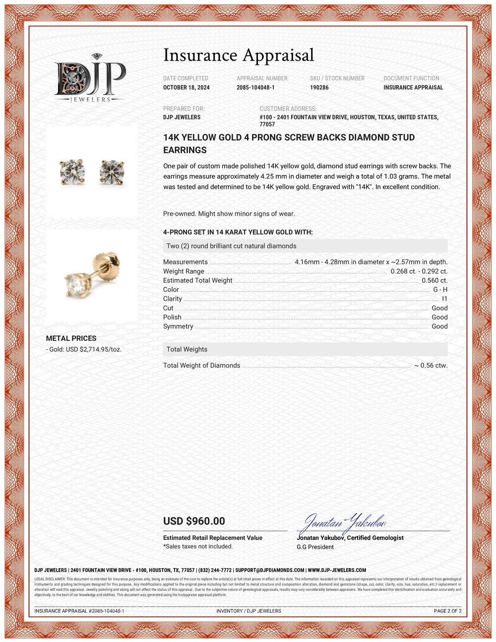 14K Yellow Gold 4 Prong Screw Backs Diamond Stud Earrings For Sale 3