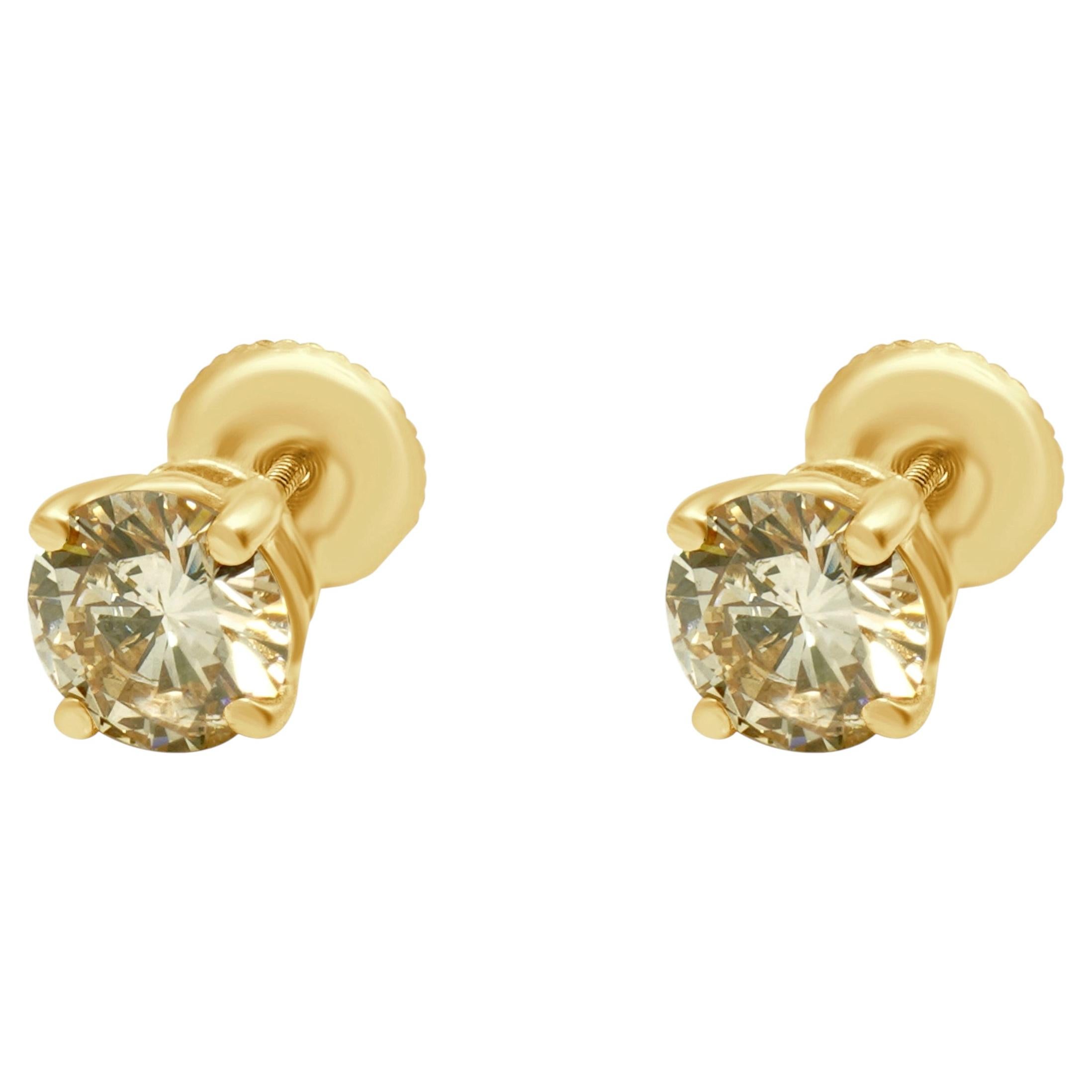 14K Yellow Gold 4-Prong Set Round Brilliant Cut Diamond Stud Earrings