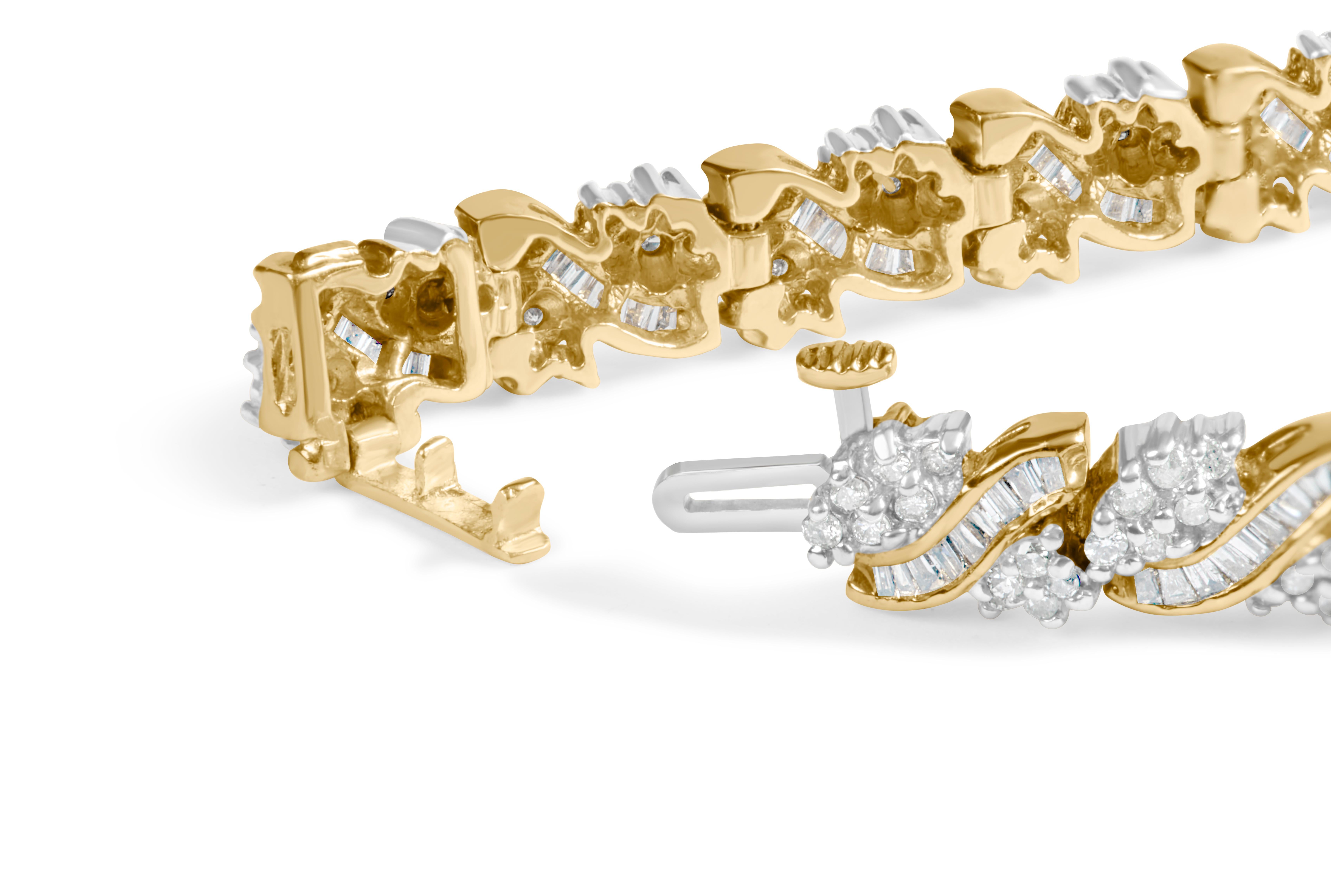 Offrez-vous l'expression ultime du luxe avec cet époustouflant bracelet en or jaune 14K serti de diamants. Doté d'un impressionnant 4,00 cttw de diamants naturels dans un superbe ensemble composite tissé et un design à maillons en S, ce bracelet