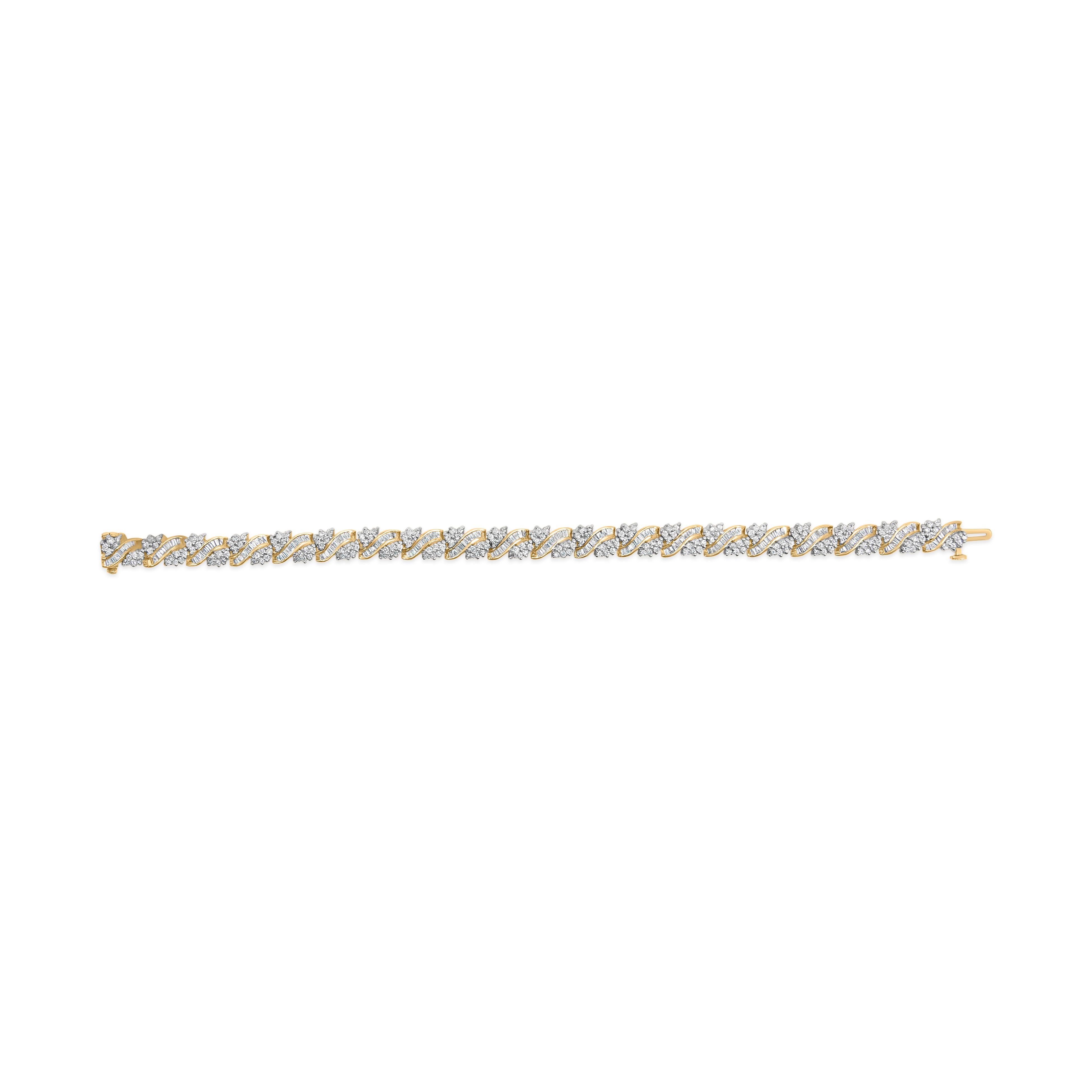 Round Cut 14K Yellow Gold 4.0 Carat Diamond Woven Composite Cluster and S-Link Bracelet For Sale
