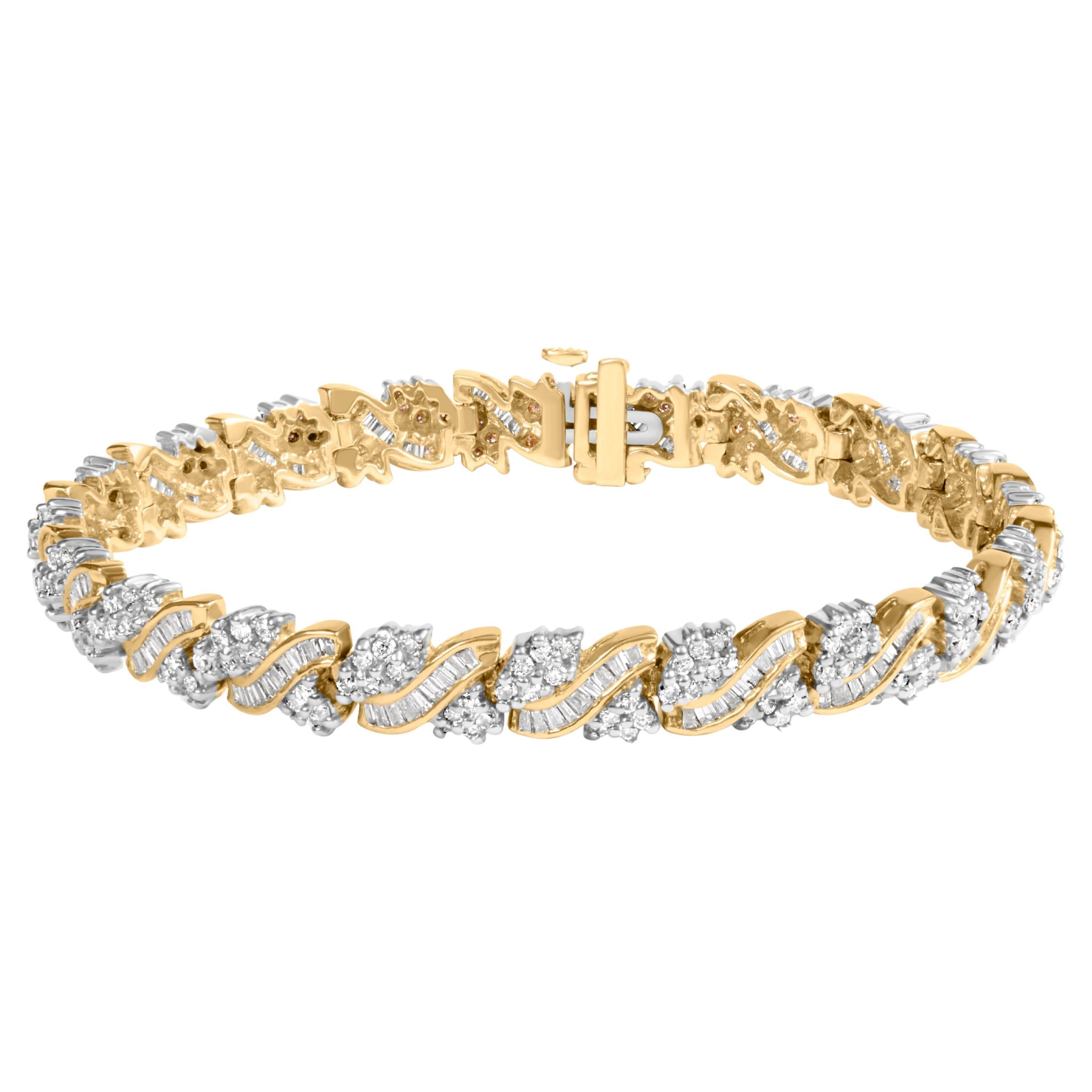 14K Yellow Gold 4.0 Carat Diamond Woven Composite Cluster and S-Link Bracelet For Sale
