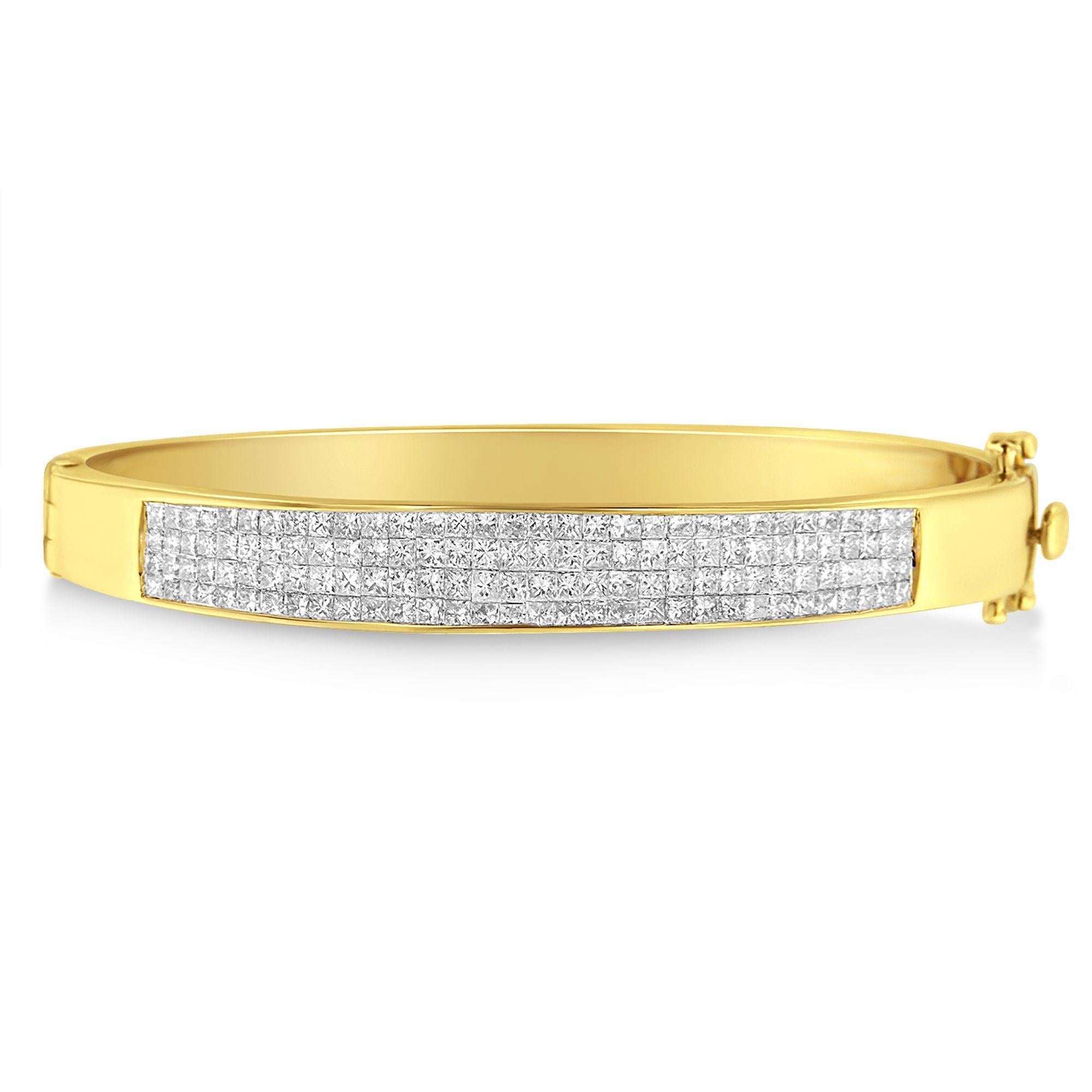 Contemporary 14K Yellow Gold 4.00 Carat Invisible-Set Princess Cut Diamond ID Bangle Bracelet