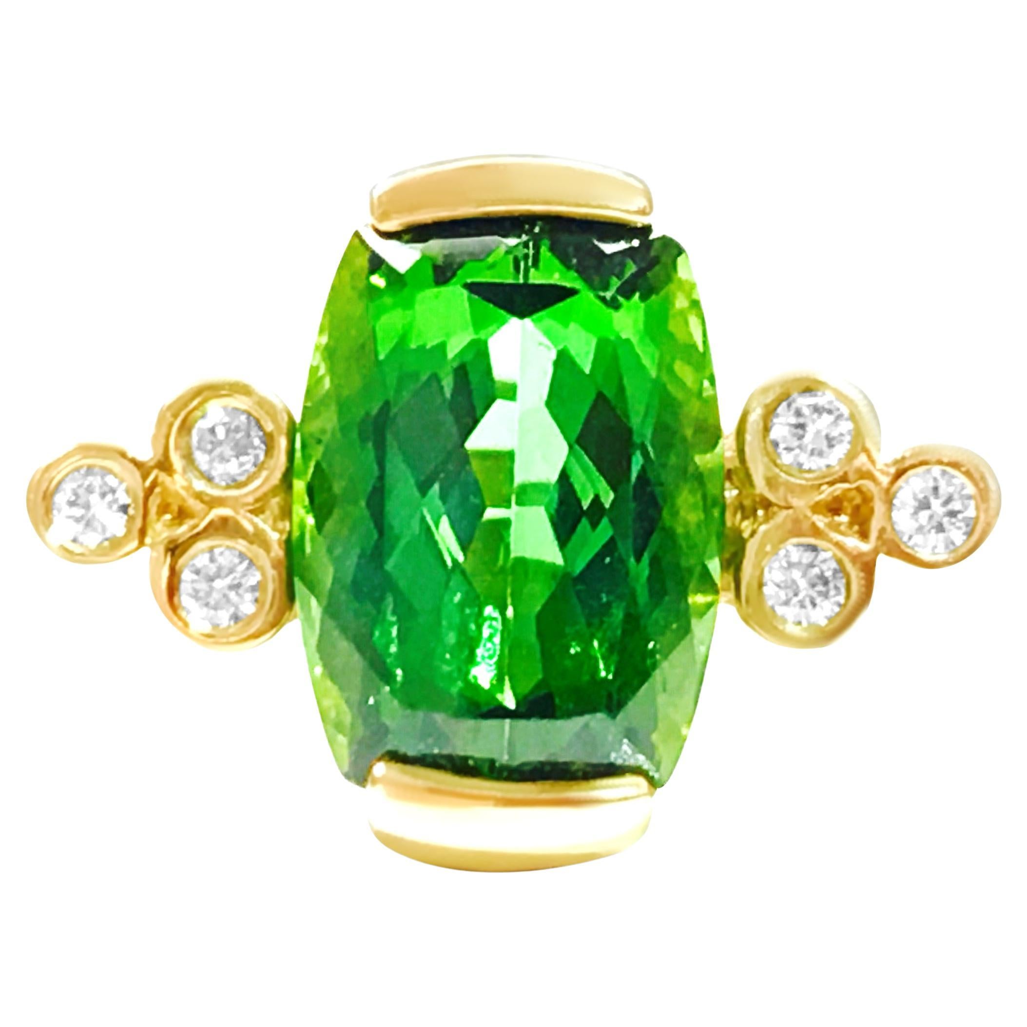 14K Yellow Gold 4.00 CT Green Tourmaline and Diamond Cocktail Ring