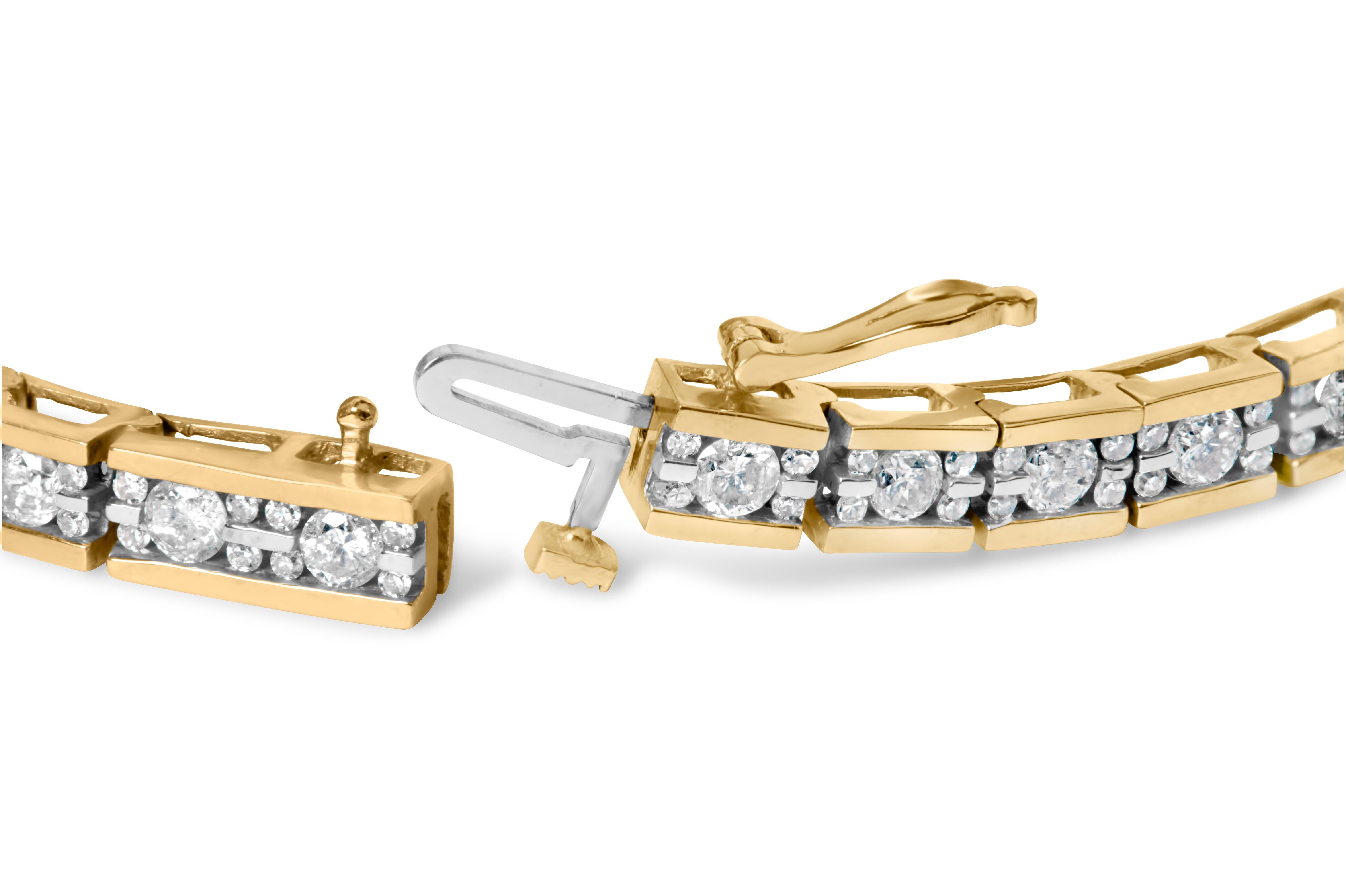 Encircle your wrist with the timeless elegance of this 14K yellow gold tennis bracelet, beautifully channel-set with 4.00 carats of natural diamonds that radiate with a captivating J-K color and I1-I2 clarity. Each diamond, precisely placed in a