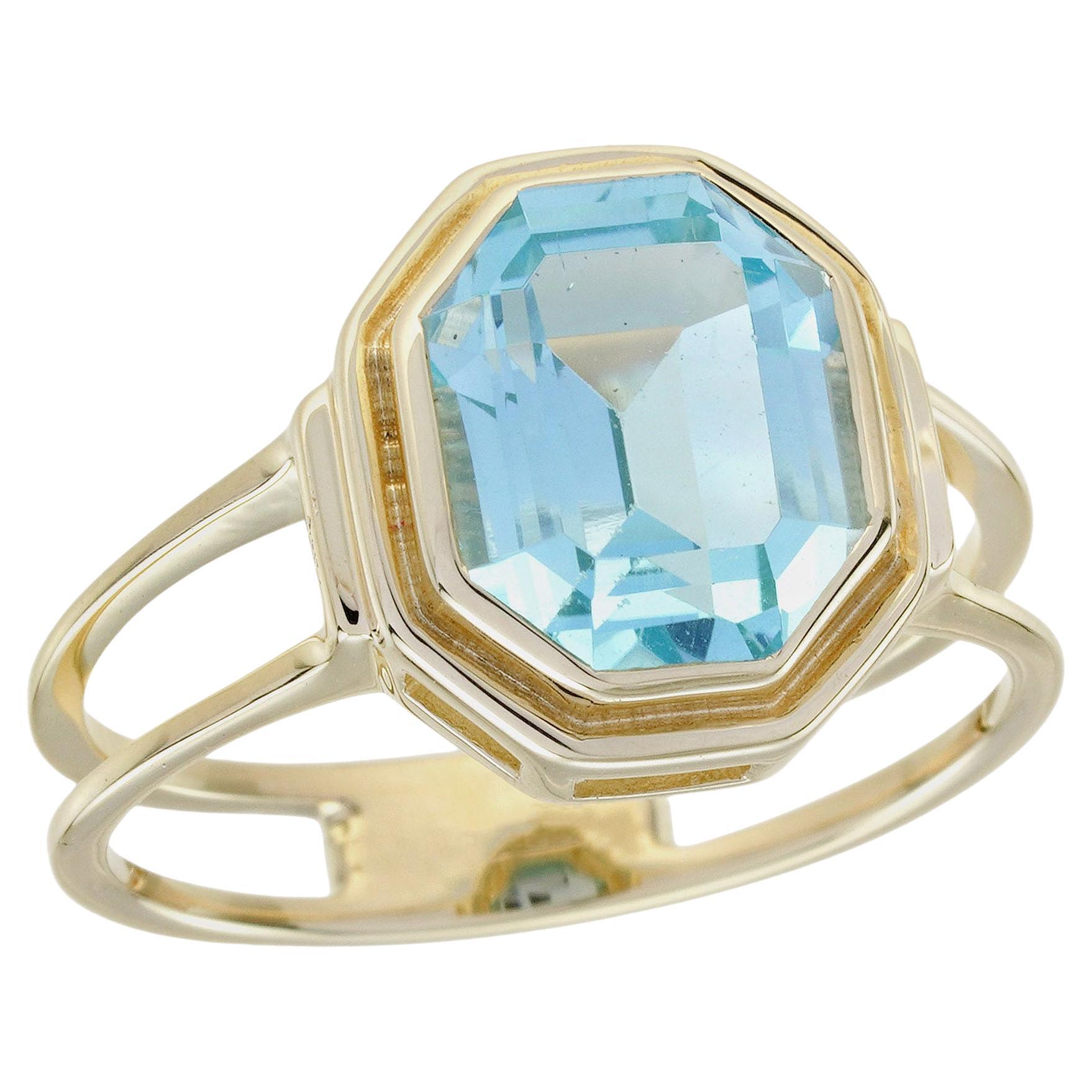 14K Gelbgold 4,10ct Blautopas Vintage Style Split Shank Ring im Angebot