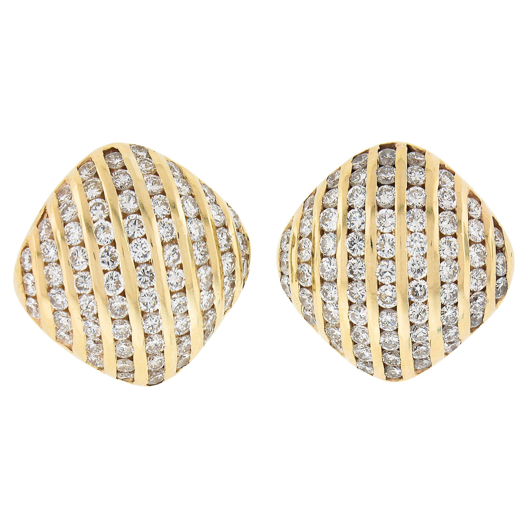 14k Yellow Gold 4.14ct Channel Set Diamond Covered Cushion Shape Button Earrings For Sale
