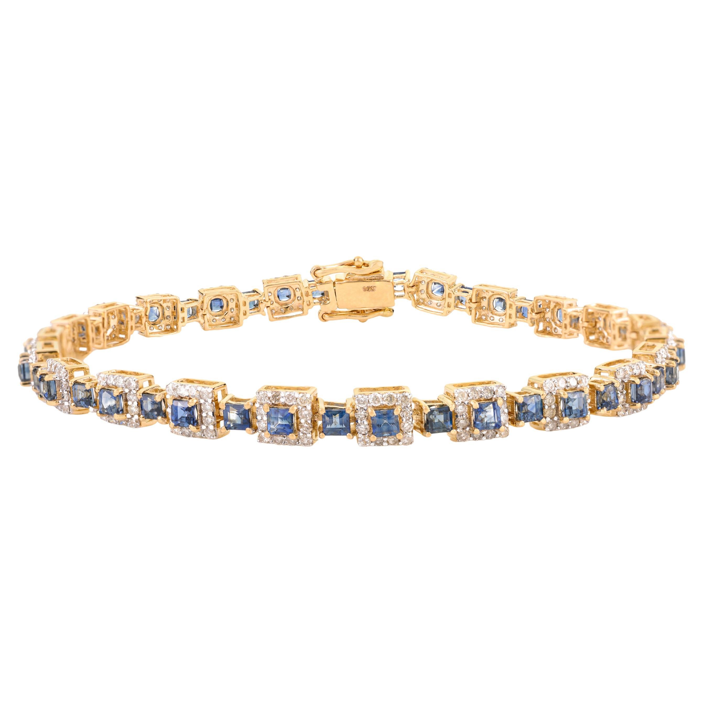 14K Yellow Gold 4.15 CTW Blue Sapphire 
1.49 CTW Diamond Halo Tennis Bracelet For Sale