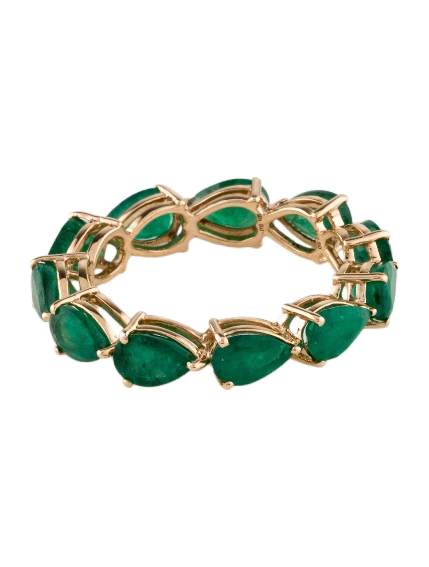 Introducing our stunning 14K Yellow Gold Emerald Eternity Band, a symbol of everlasting elegance and luxury. Crafted to perfection, this Size 8 band features a continuous circle of 11 Pear Modified Brilliant Emeralds, totaling 4.16 carats. Each