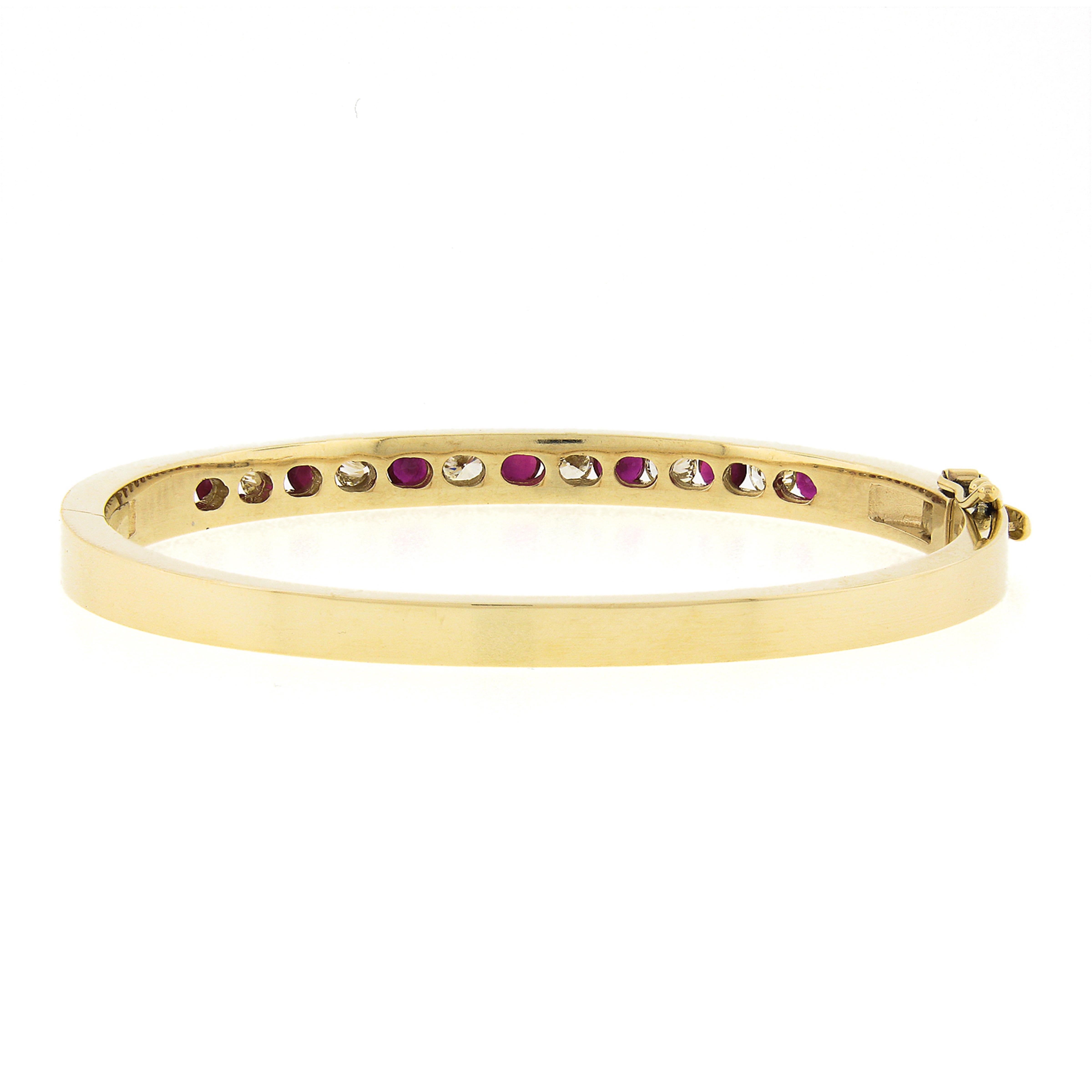 Round Cut 14k Yellow Gold 4.25ct Alternating Ruby & Diamond Channel Hinged Bangle Bracelet