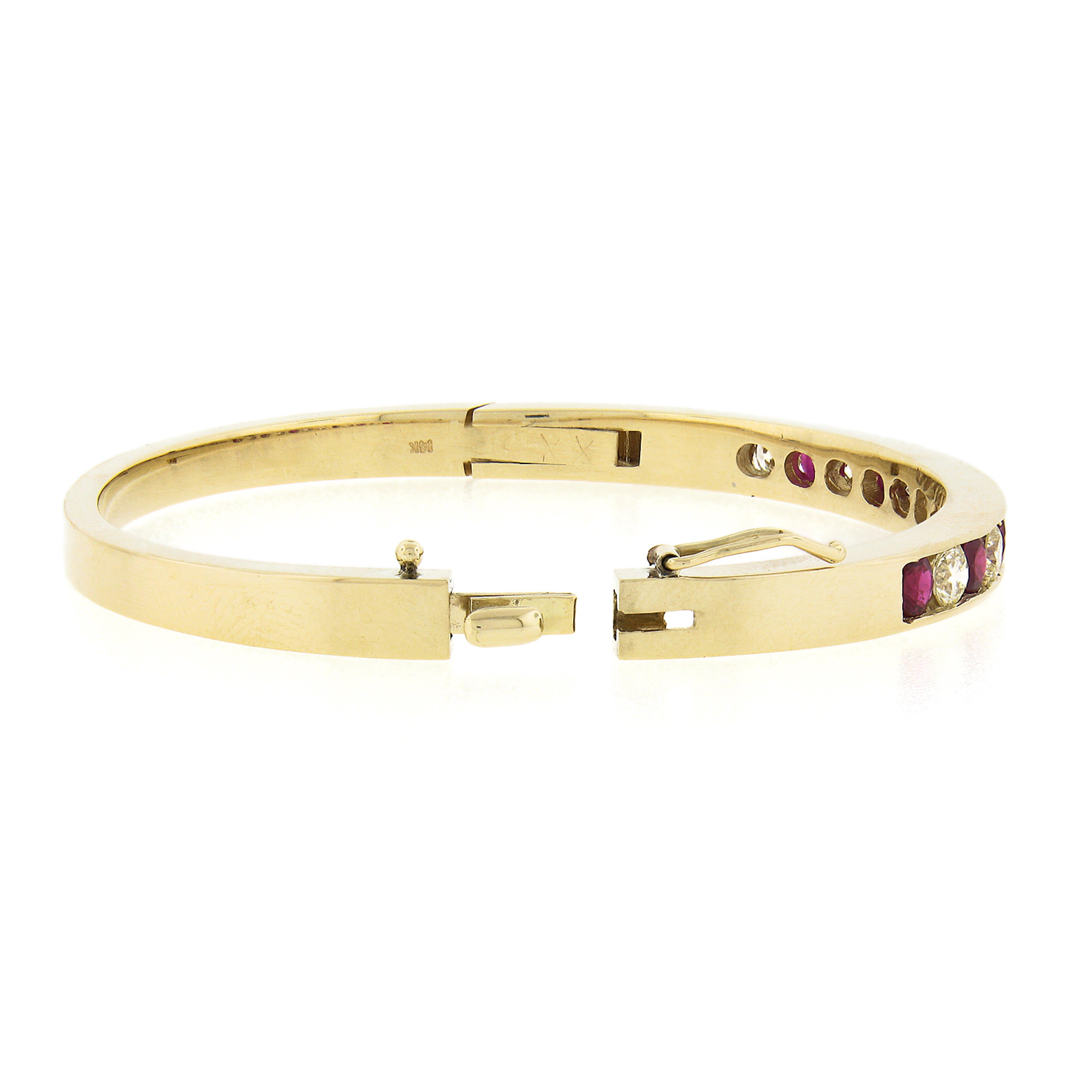 Women's or Men's 14k Yellow Gold 4.25ct Alternating Ruby & Diamond Channel Hinged Bangle Bracelet