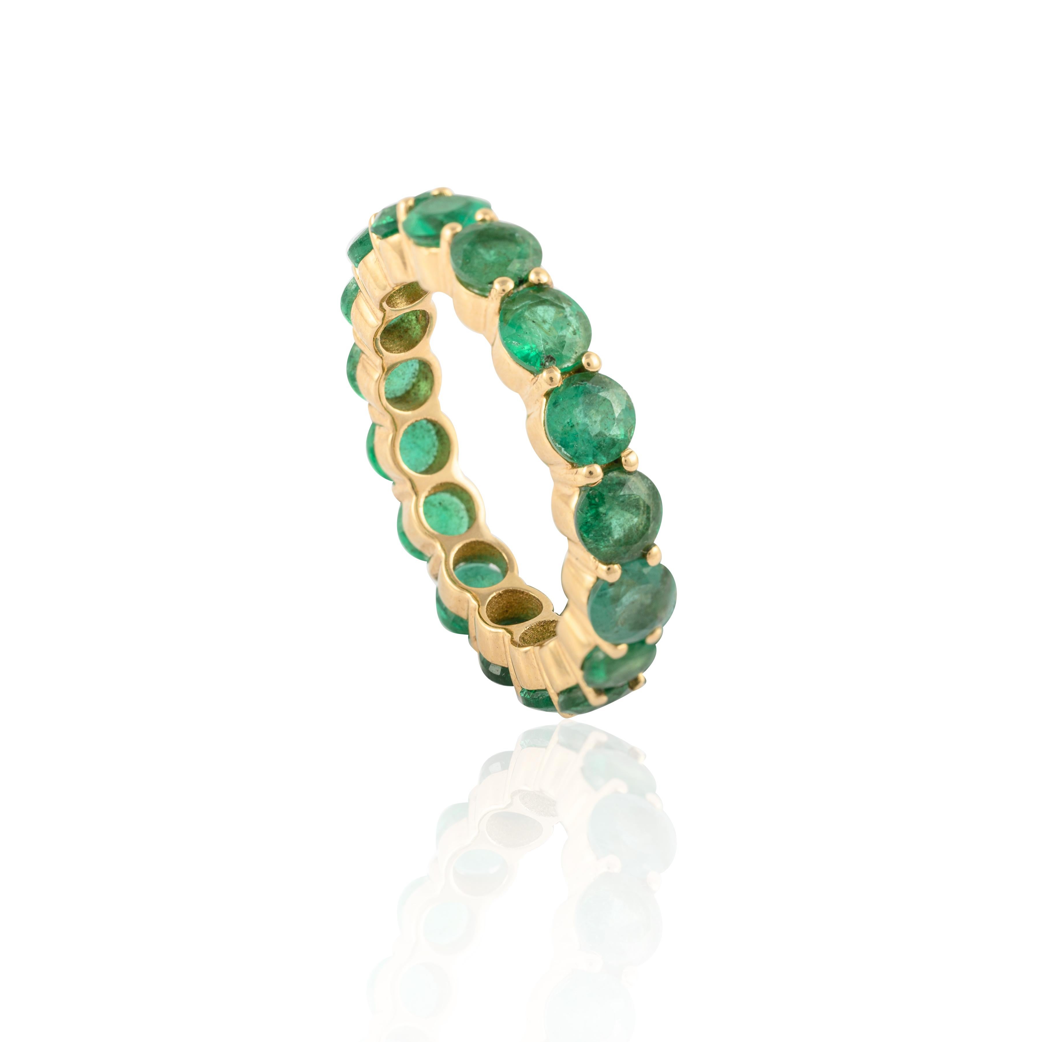 For Sale:  Stackable 14K Solid Yellow Gold 4.26 ct Natural Emerald Eternity Band Ring 11