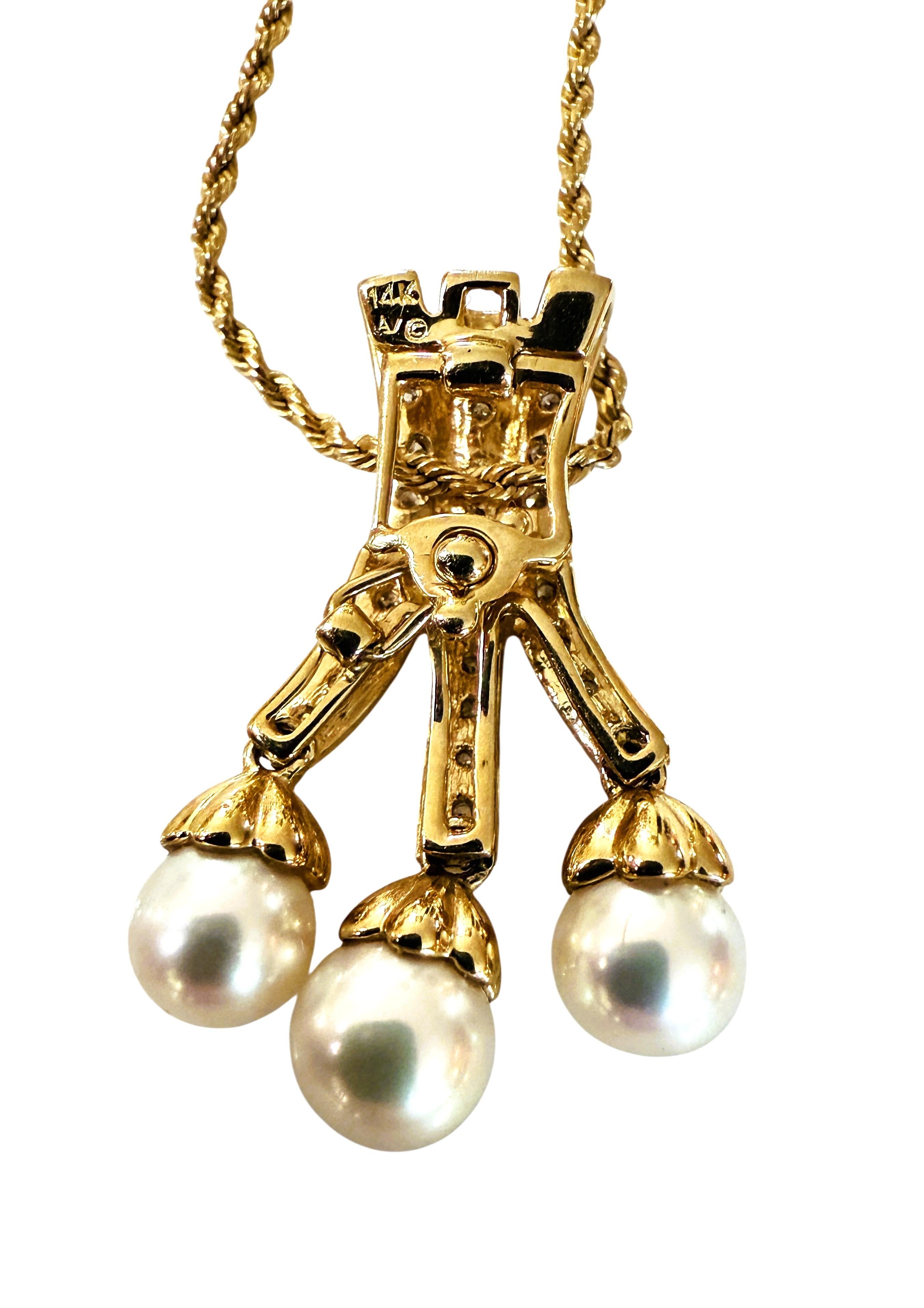 Collier en or jaune 14k avec pendentif en diamant et perle d'eau douce de 0,44 carat, 21 pouces en vente 5