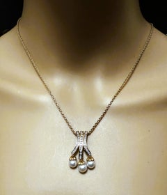 14k Yellow Gold .44 Carat Diamond & Freshwater Pearl Pendant Necklace 21 Inches