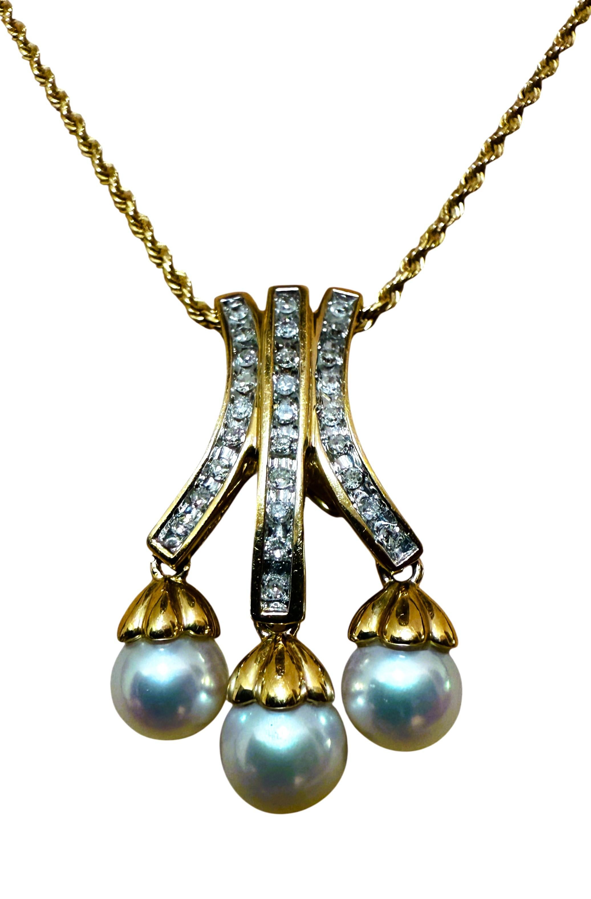 Collier en or jaune 14k avec pendentif en diamant et perle d'eau douce de 0,44 carat, 21 pouces Excellent état - En vente à Eagan, MN