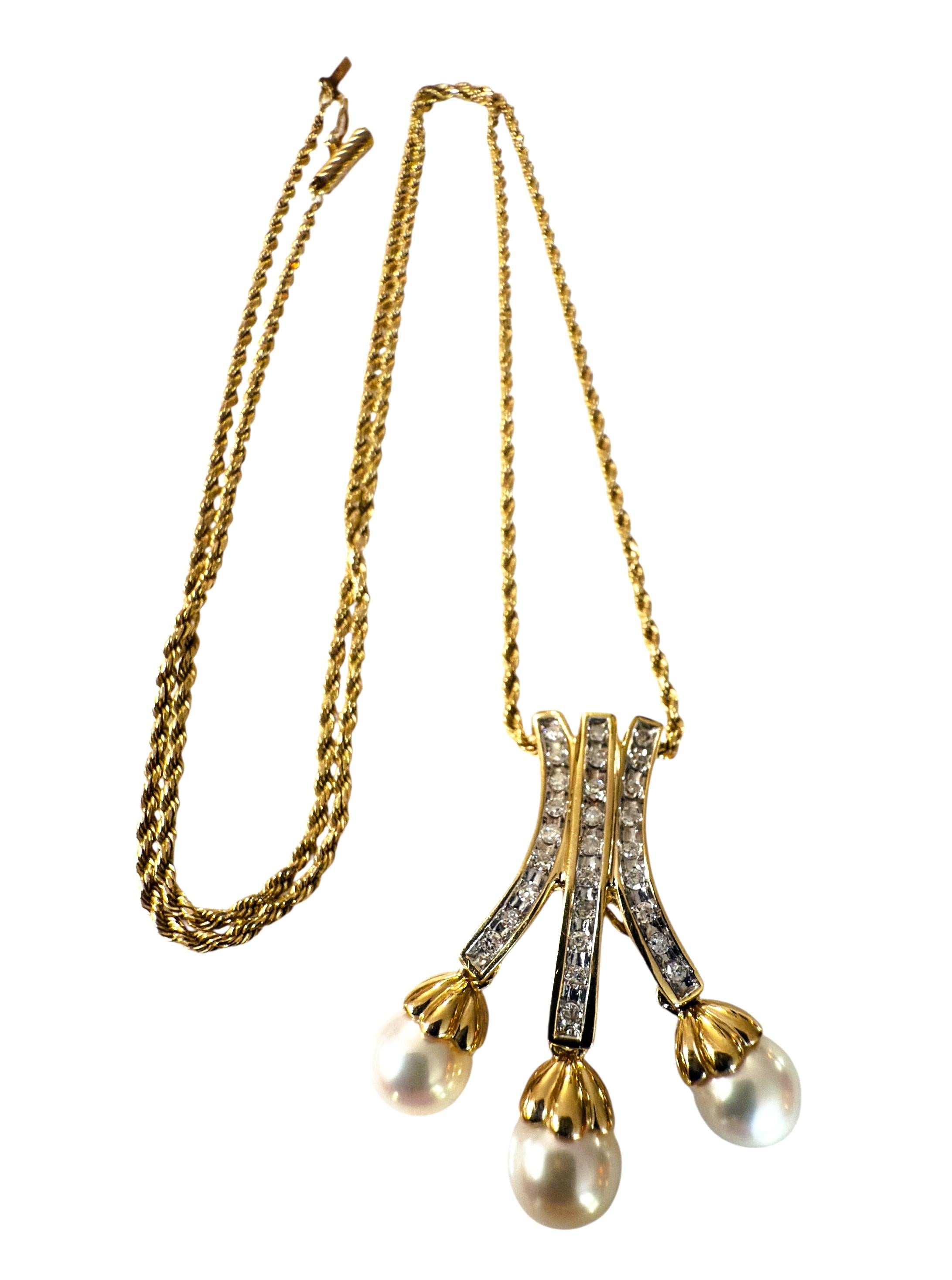 Collier en or jaune 14k avec pendentif en diamant et perle d'eau douce de 0,44 carat, 21 pouces en vente 3