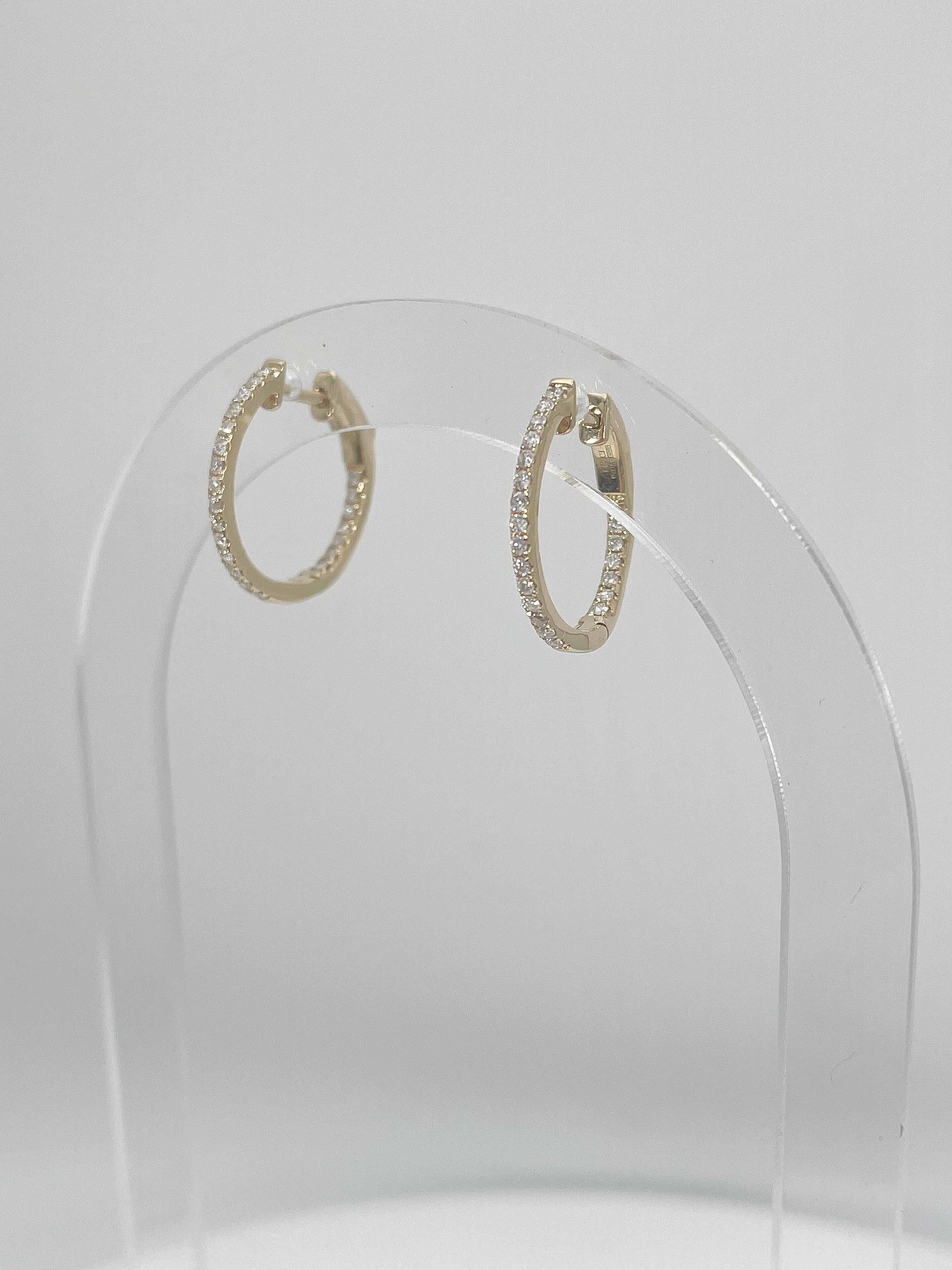 Round Cut 14K Yellow Gold .45 CTW Diamond In & Out Hoops For Sale