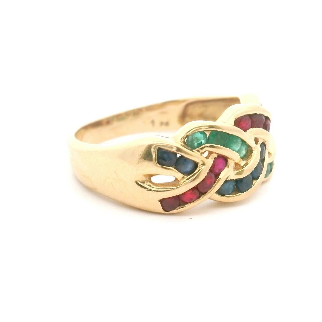 Condition:  Excellent Condition, Professionally Cleaned and Polished
Metal:  14k Gold (Marked, and Professionally Tested)
Weight:  4.5g
Gemstones: Emeralds, Blue Sapphires, and Rubies  
Width:  9mm at front, 3mm at back
Size: 7.5
Markings:  
