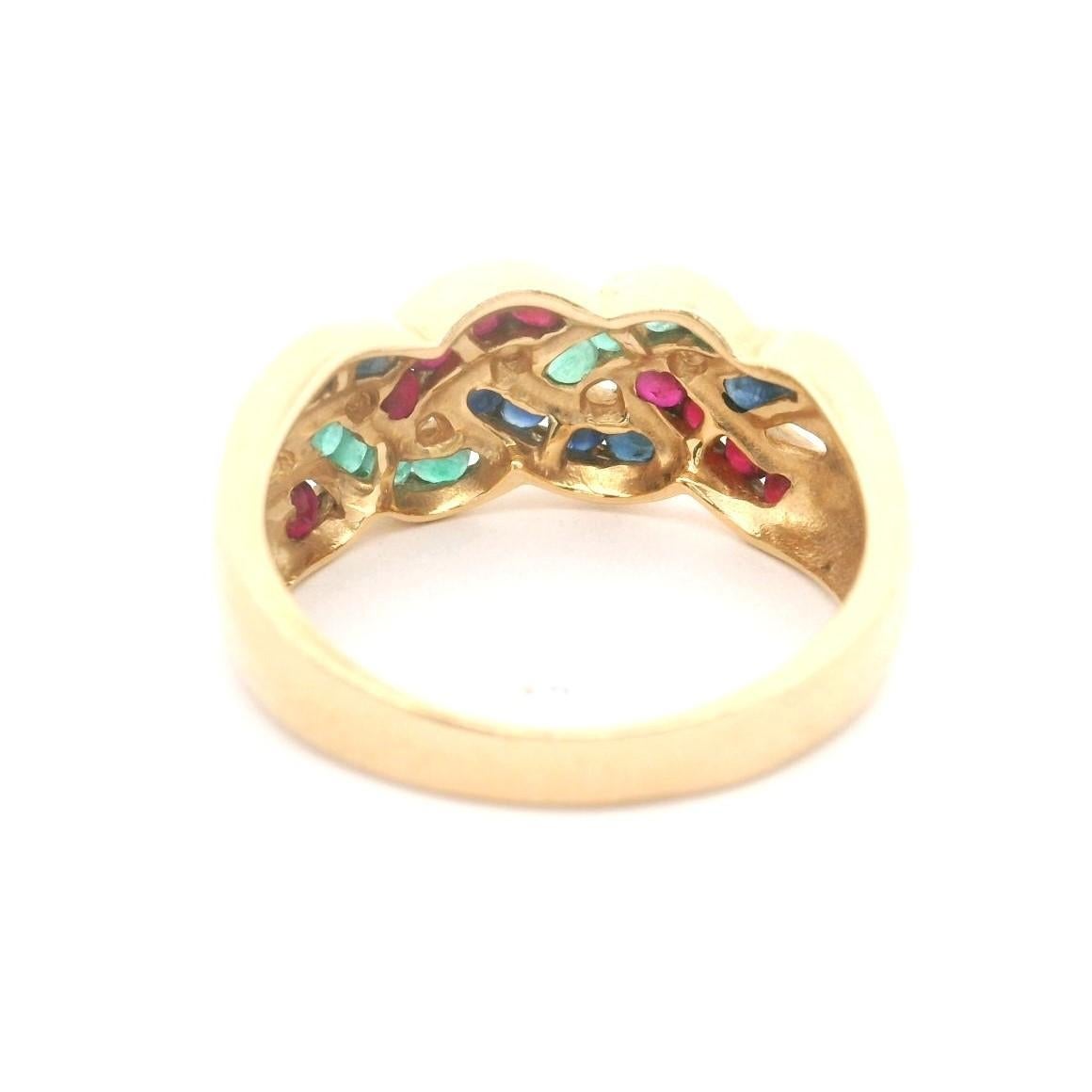 Round Cut 14k Yellow Gold 4.5g Emerald Sapphire and Ruby Braided Band Ring Size 7.5