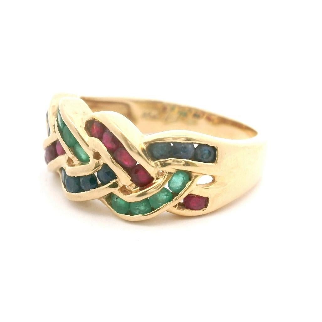 14k Yellow Gold 4.5g Emerald Sapphire and Ruby Braided Band Ring Size 7.5 In Good Condition In Guilford, CT