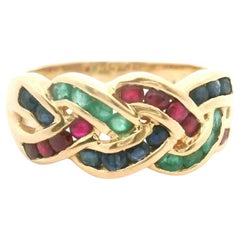 14k Yellow Gold 4.5g Emerald Sapphire and Ruby Braided Band Ring Size 7.5