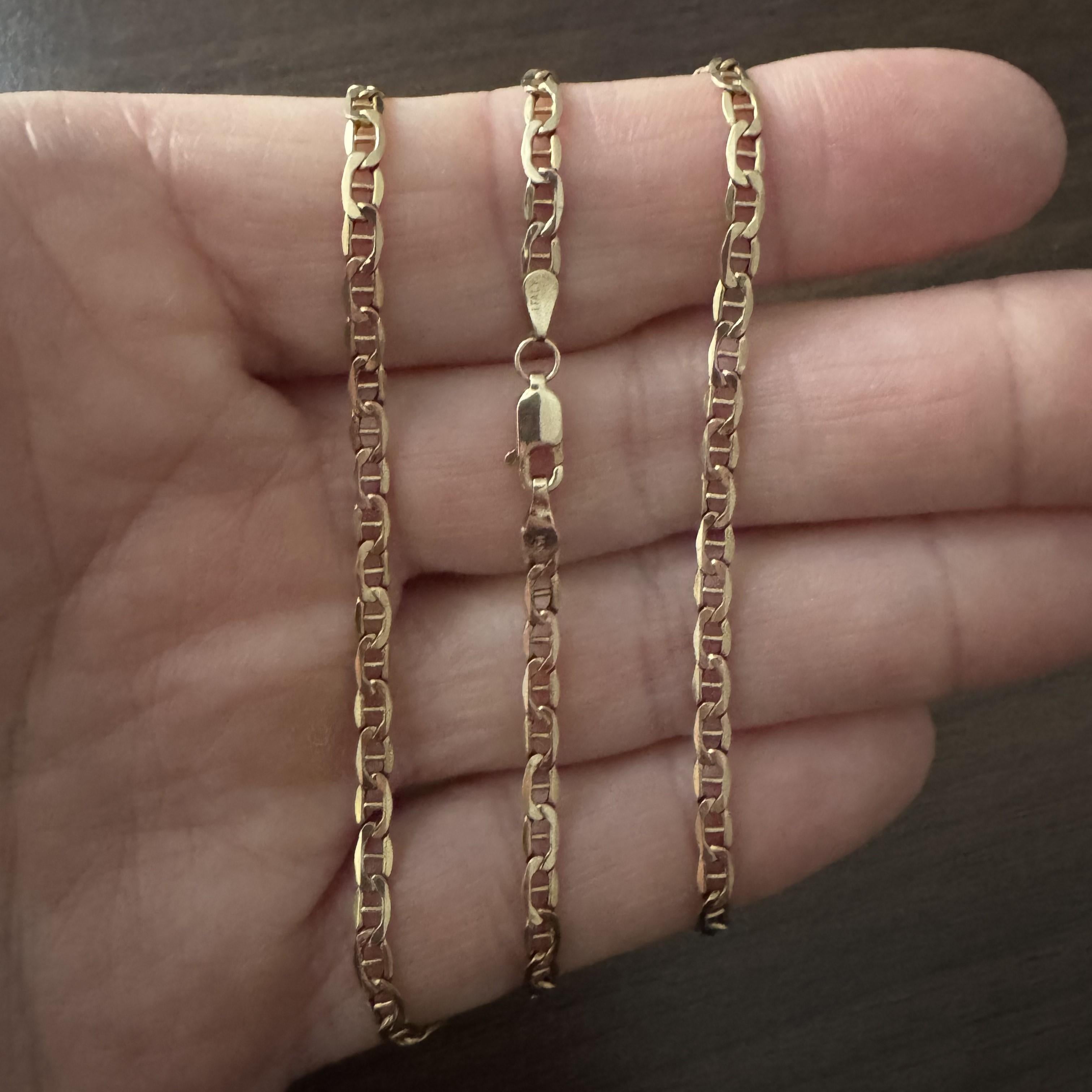 Zustand:  Ausgezeichneter Condit, Professionell gereinigt und poliert
Metall: 14k Gold (markiert und professionell getestet)
Gewicht: 4,5 g
Länge: 23 Zoll
Breite: 3,5 mm
Verschluss:  Karabinerhaken
Markierungen: 