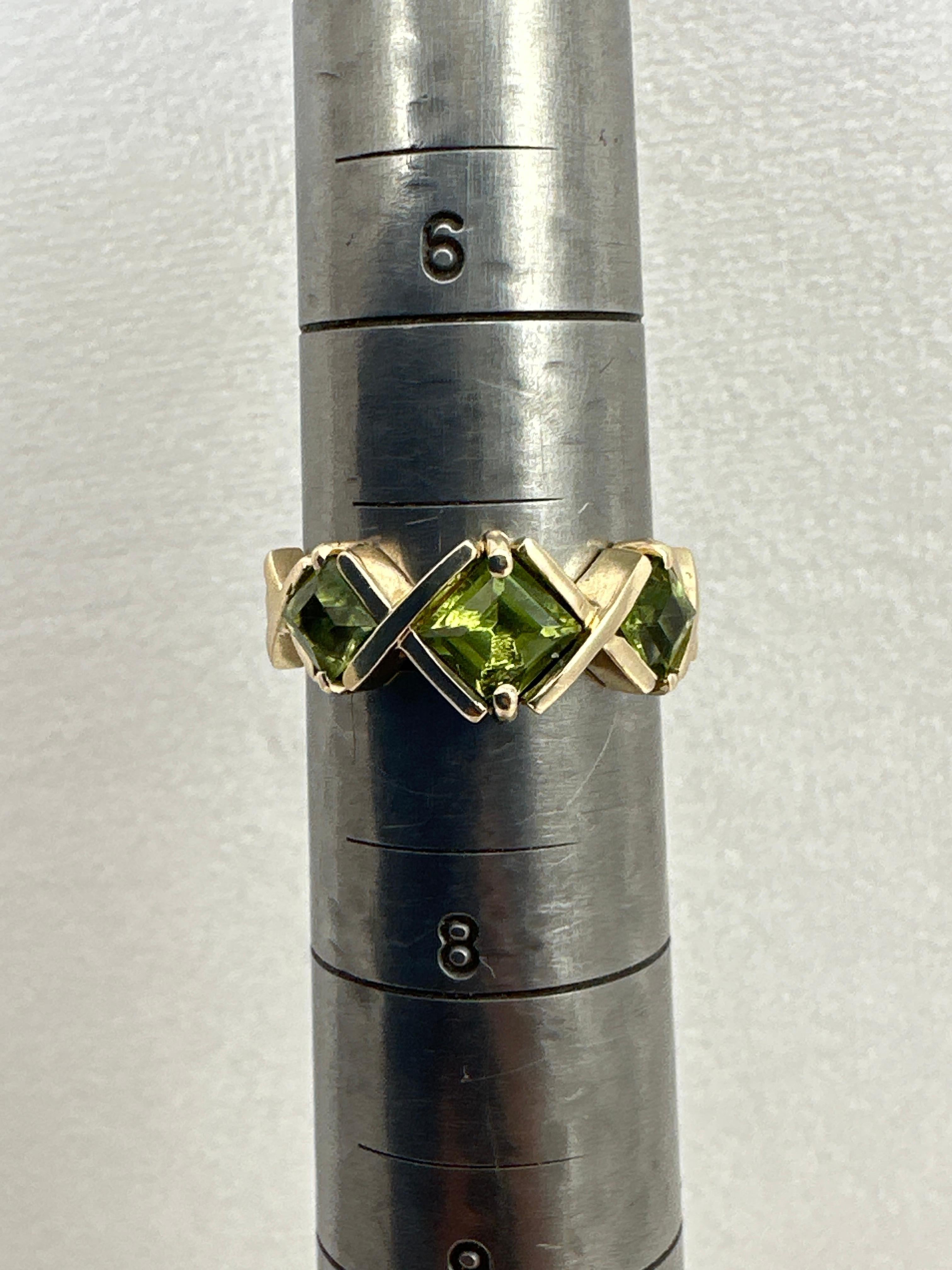 Square Cut 14k Yellow Gold ~ 4.5mm & 5.5mm Square Peridot Ring ~ Size 7