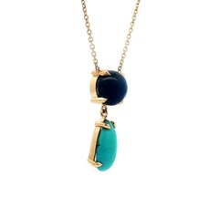 14k Yellow Gold 4.68ctw Cabochon Sapphire & Pear Turquoise Drop Pendant Necklace