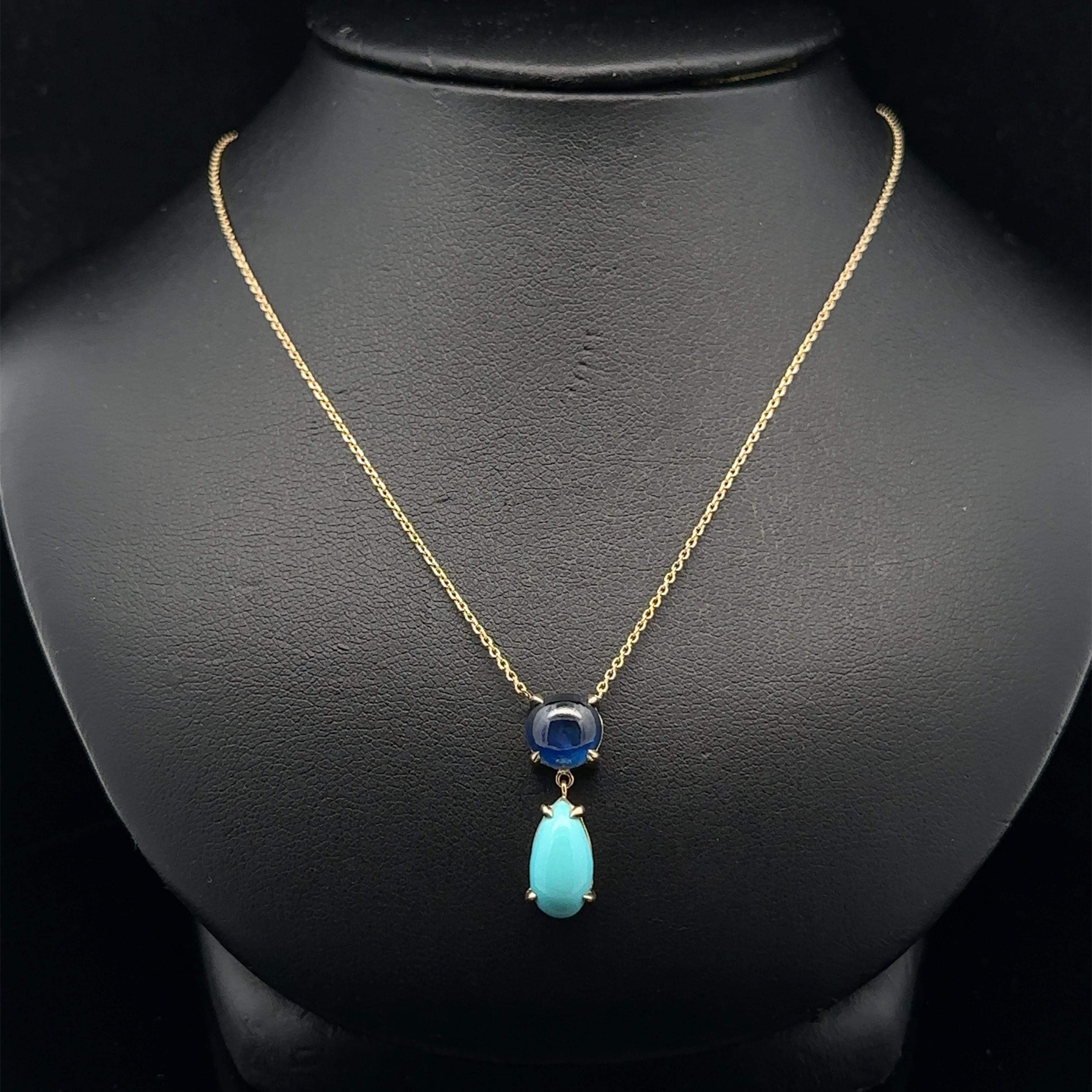 Women's 14k Yellow Gold 4.68ctw Cabochon Sapphire & Pear Turquoise Drop Pendant Necklace For Sale