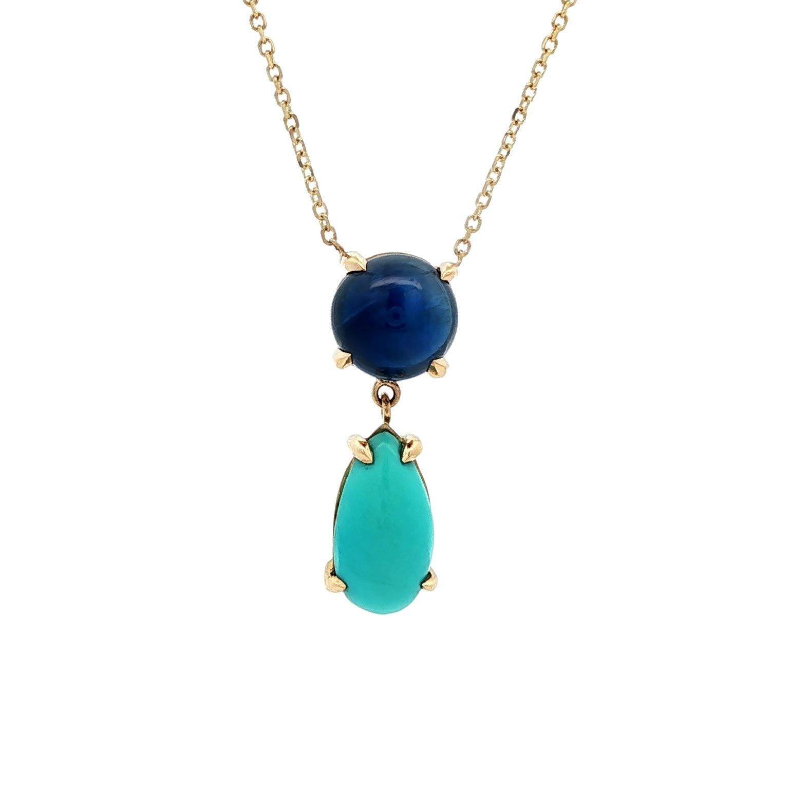 14k Yellow Gold 4.68ctw Cabochon Sapphire & Pear Turquoise Drop Pendant Necklace For Sale 1