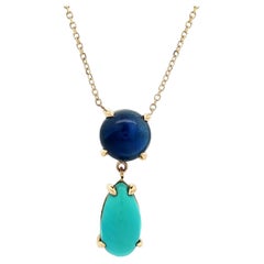 14k Yellow Gold 4.68ctw Cabochon Sapphire & Pear Turquoise Drop Pendant Necklace