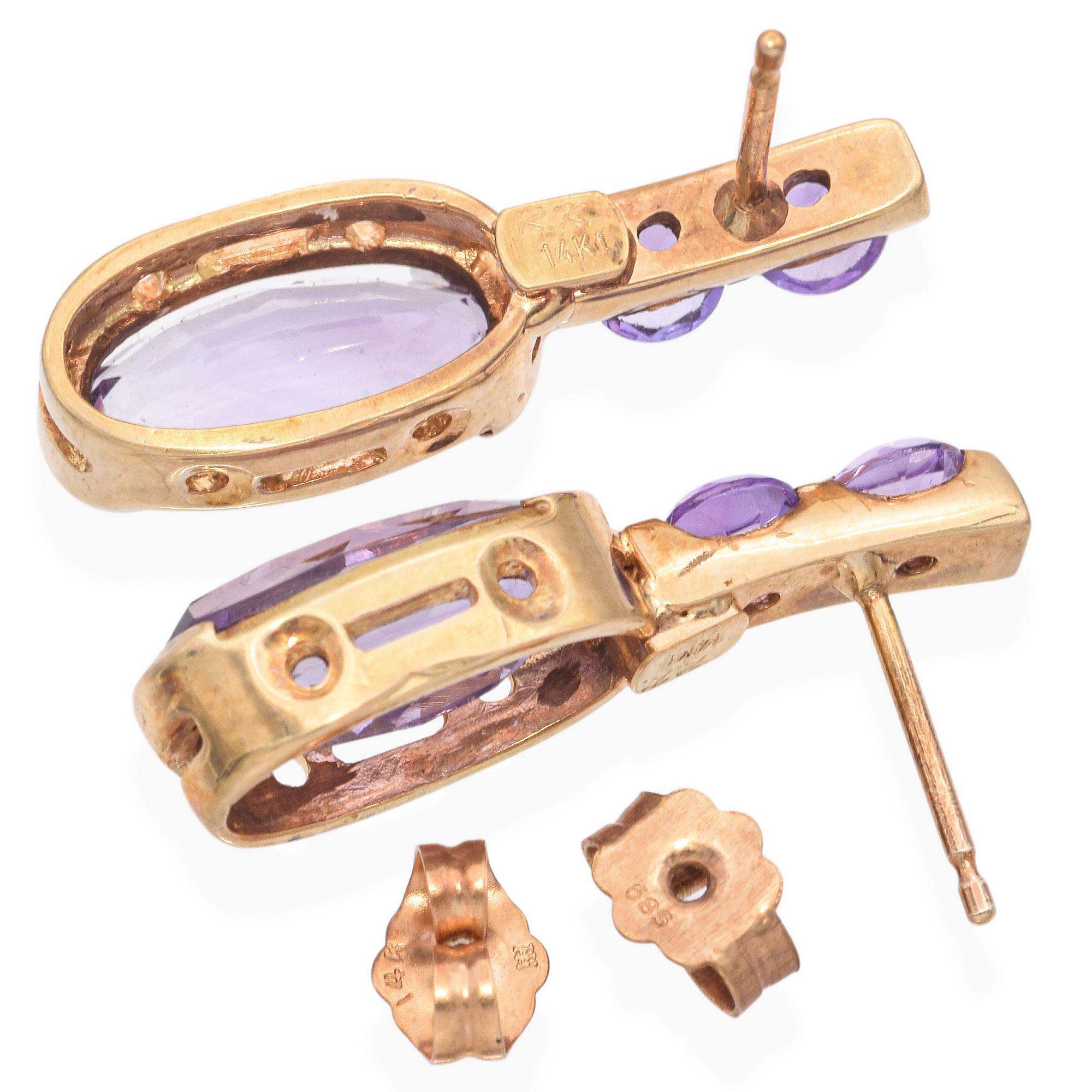 Boucles d'oreilles pendantes en or jaune 14k avec améthyste 4.7tcw Bon état - En vente à New York, NY