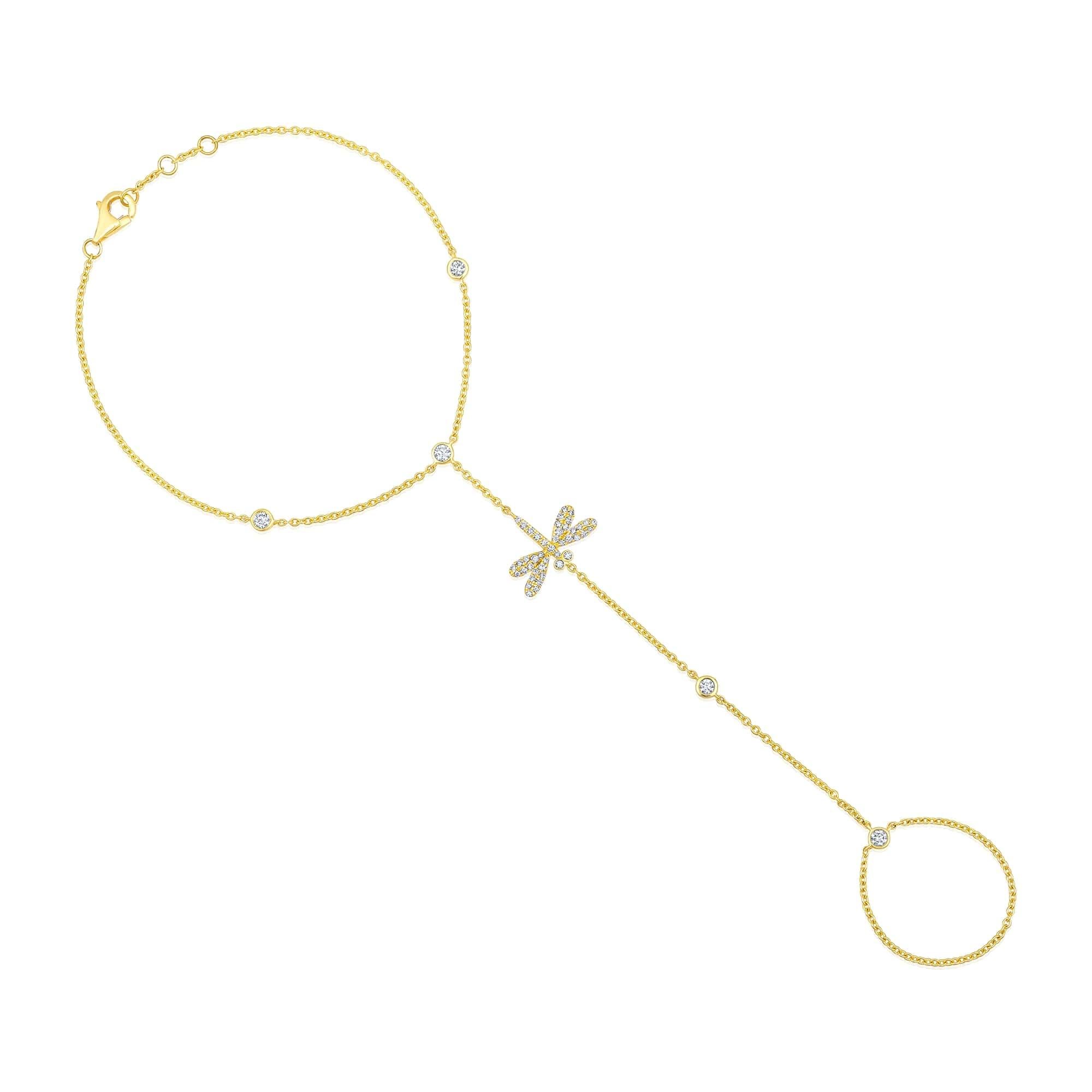 Bracelet chaîne à main libellule en or jaune 14 carats avec 48 diamants Neuf - En vente à Los Angeles, CA