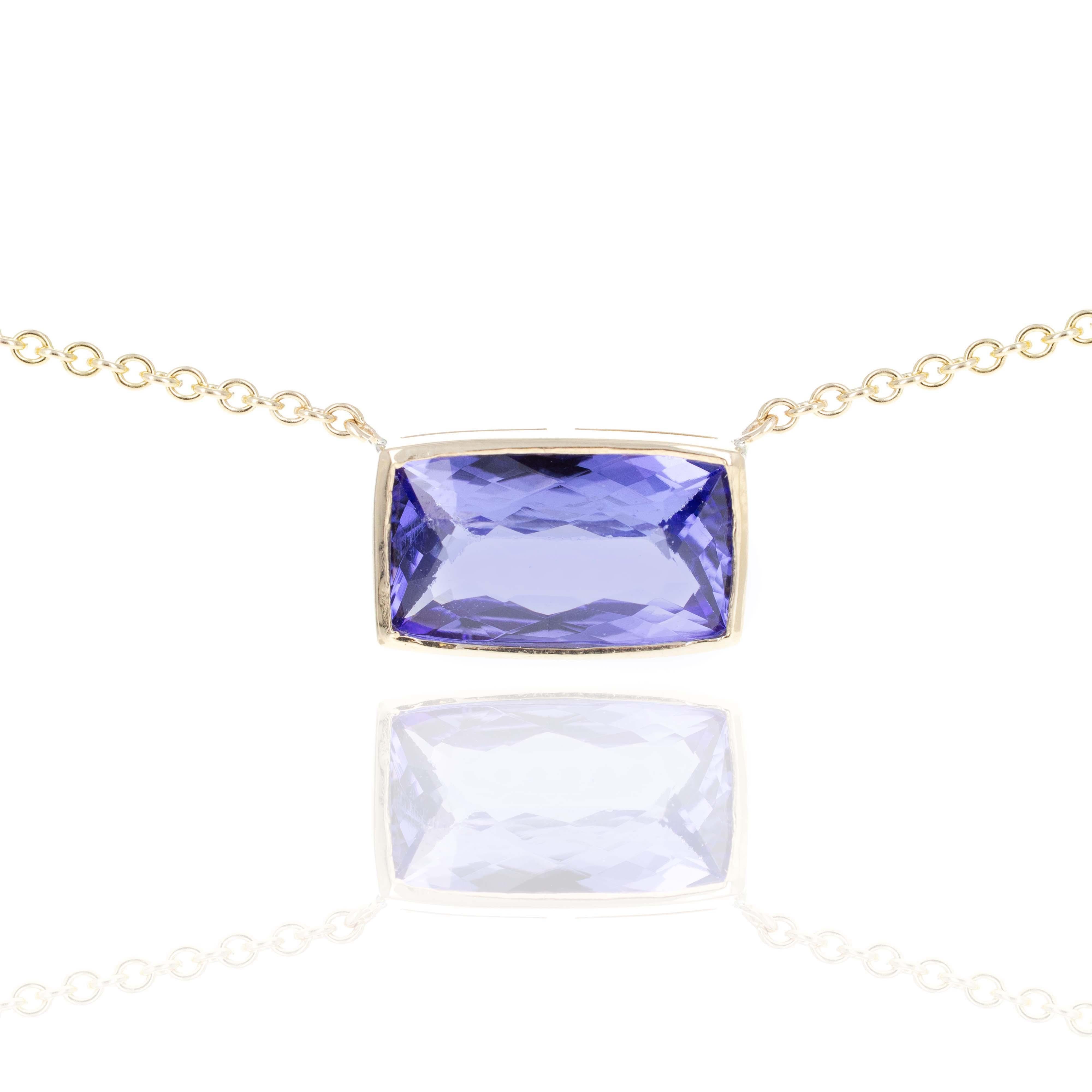 Cushion Cut 14K Yellow Gold 4.80 Carat Tanzanite Bezel Necklace For Sale
