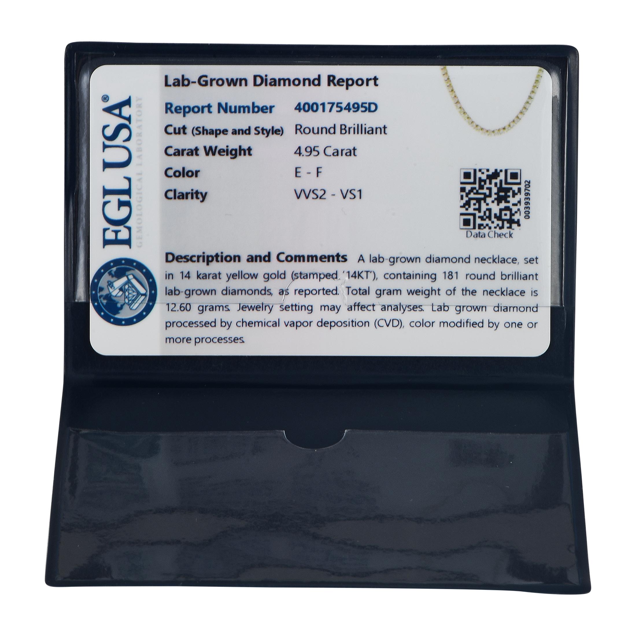 14K Gelbgold 4,95 Karat Lab-Grown Diamant-Tennis-Halskette MF06-100924 im Zustand „Neu“ in Southampton, PA