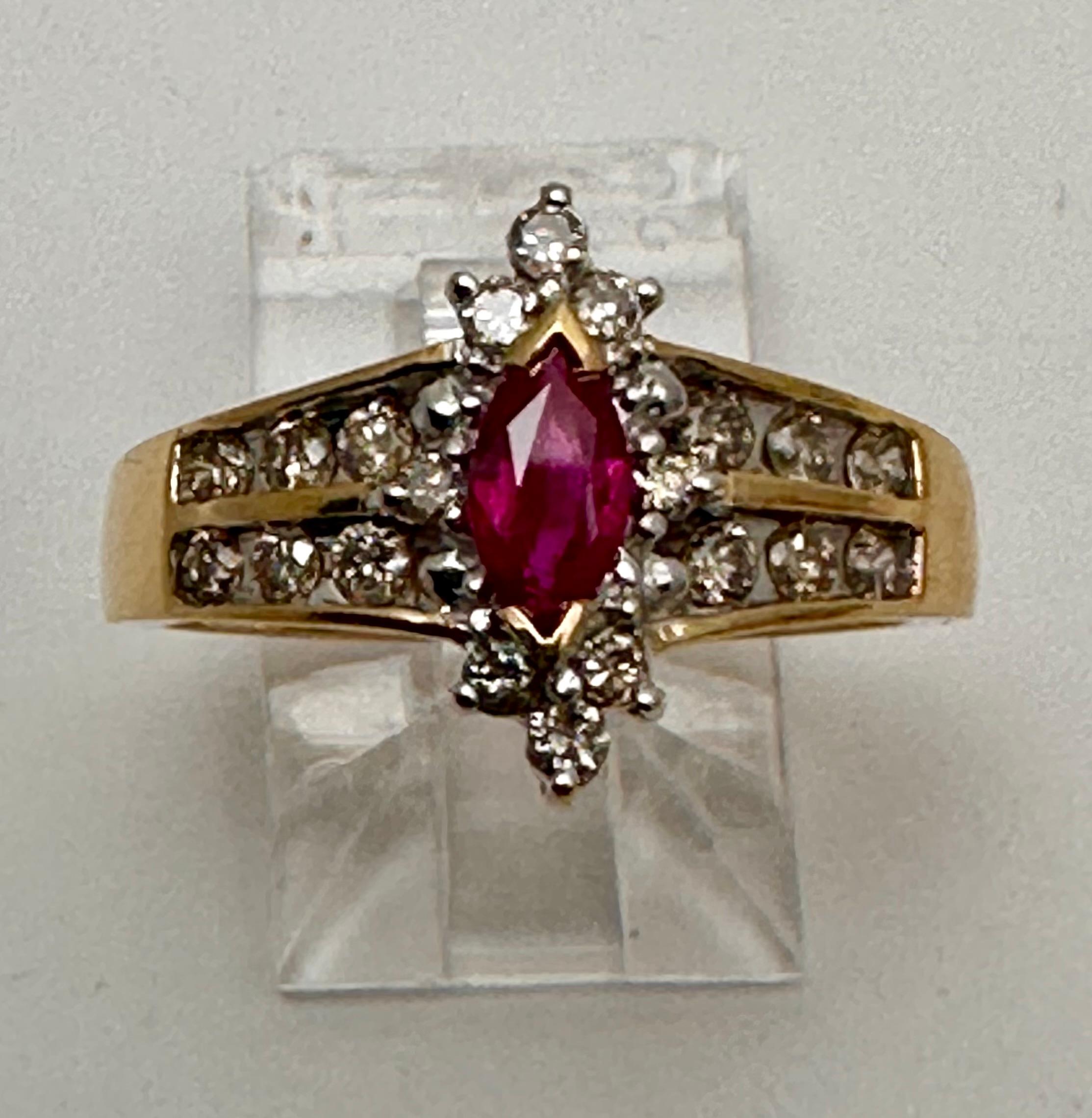 Modern 14k Yellow Gold 4mm x 6mm Marquise Ruby .50c Diamond Ring Size 7 1/2 For Sale